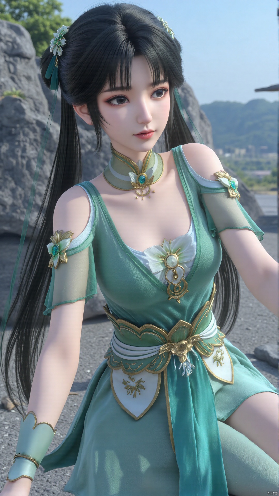  1girl, green dress, bare legs, twintails, solo, hair ornament, chinese clothes, mischevious smile, perfect body, scenery, sharp focus, best quality, masterpiece, detailed outfit, illustration, perfect eyes, finely detailed beautiful anime eyes, realistic skin, intricate details, best lighting, depth of field, ultra high resolution,cowboy_shot, dynamic pose, dynamic angle,