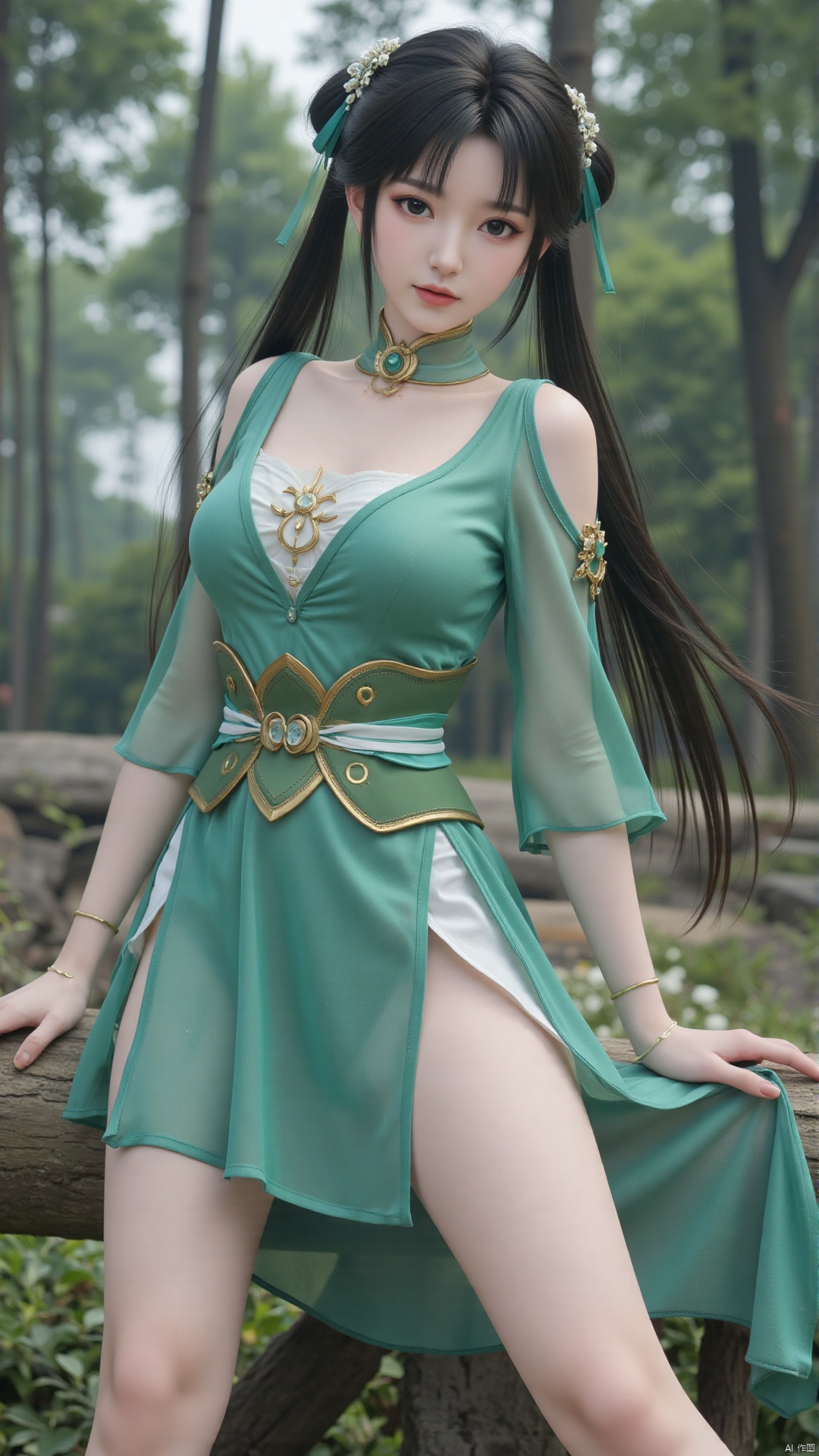  1girl, green dress, bare legs, twintails, solo, hair ornament, chinese clothes, mischevious smile, perfect body, scenery, sharp focus, best quality, masterpiece, detailed outfit, illustration, perfect eyes, finely detailed beautiful anime eyes, realistic skin, intricate details, best lighting, depth of field, ultra high resolution,cowboy_shot, dynamic pose, dynamic angle,