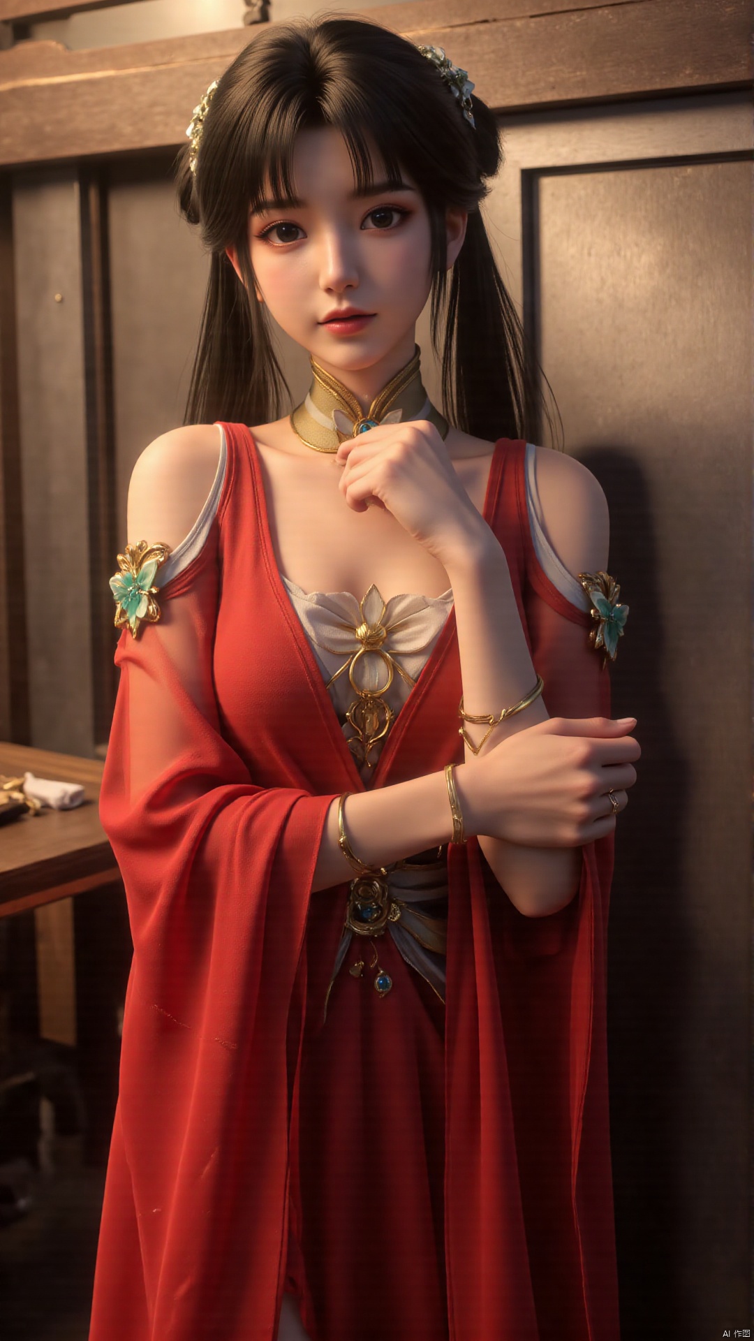 A stunning 18-year-old Chinese woman wraps herself in a vibrant red scarf, posing seductively against a sleek, modern backdrop. Soft, golden lighting accentuates her porcelain complexion and luscious locks. The camera captures the dramatic play of shadows on her features as she confidently flaunts her curves.