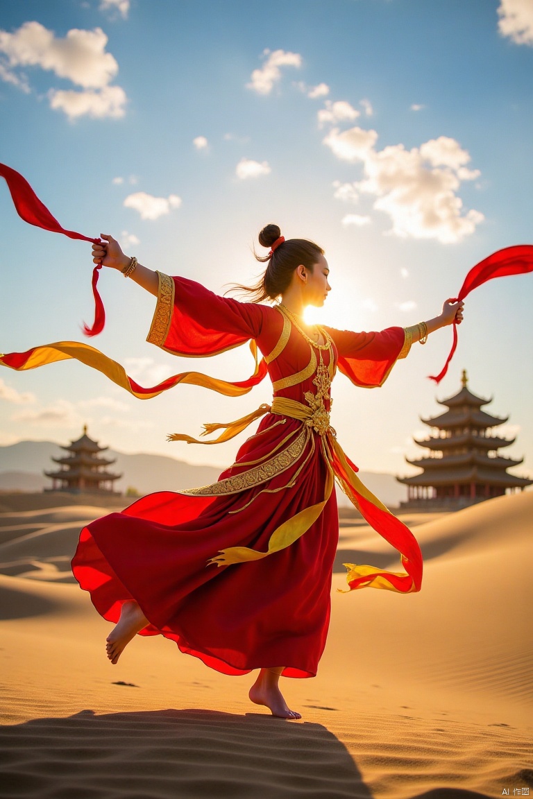 A beauty dancing the flying celestial dance in the Dunhuang desert,with ancient buildings,white clouds,blue sky,and sunset in the background.,A surname