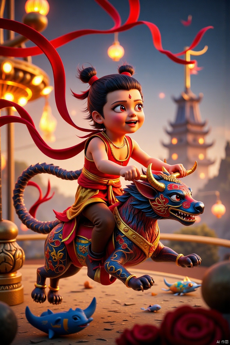 A surname,Movie poster style, the ultra-detailed scene in "Nezha 2", the child Nezha (untransformed form: depicting a young anime-style boy with black double buns, red eyes and a mischievous grin. She is wearing a sleeveless red top, brown trousers with a yellow sash, and has a red mark on the forehead) looks up and laughs loudly, with a mouth missing a front tooth wide open, cheeks reddened with excitement, eyes lively and cunning, riding a carousel in a mysterious amusement park. The carousel rotates on a yin-yang platform with floating charm disks, casting the shadows of the Eight Trigrams. Nezha smiles with a missing tooth, waves a stick with candied haws on it, and the red ribbon flutters. Background features: "Shanhe Sheji Tu" roller coaster (ink-painting tracks), Stone Demoness haunted house, dragon-tendon bungee tower. The ground is covered with starry sand, and the sky is filled with koi lanterns and drone kites. Vendors sell "Spirit Pearl Popcorn" and "Hun Tian Ling Cotton Candy" at the short Shen Gongbao. Style: Cyberpunk x Chinese mythology, with metallic texture and neon-glow effects, cinematic depth of field, 8K resolution.,Strange animal