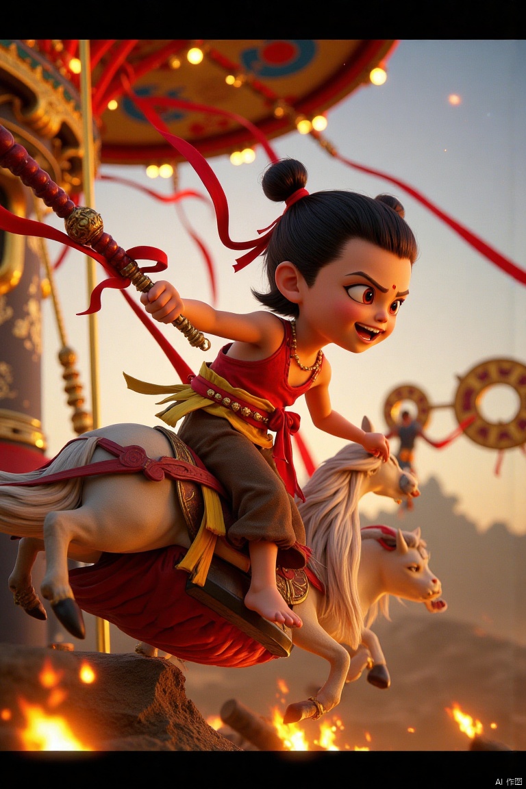 A surname,Movie poster style, the ultra-detailed scene in "Nezha 2", the child Nezha (untransformed form: depicting a young anime-style boy with black double buns, red eyes and a mischievous grin. She is wearing a sleeveless red top, brown trousers with a yellow sash, and has a red mark on the forehead) looks up and laughs loudly, with a mouth missing a front tooth wide open, cheeks reddened with excitement, eyes lively and cunning, riding a carousel in a mysterious amusement park. The carousel rotates on a yin-yang platform with floating charm disks, casting the shadows of the Eight Trigrams. Nezha smiles with a missing tooth, waves a stick with candied haws on it, and the red ribbon flutters. Background features: "Shanhe Sheji Tu" roller coaster (ink-painting tracks), Stone Demoness haunted house, dragon-tendon bungee tower. The ground is covered with starry sand, and the sky is filled with koi lanterns and drone kites. Vendors sell "Spirit Pearl Popcorn" and "Hun Tian Ling Cotton Candy" at the short Shen Gongbao. Style: Cyberpunk x Chinese mythology, with metallic texture and neon-glow effects, cinematic depth of field, 8K resolution. 