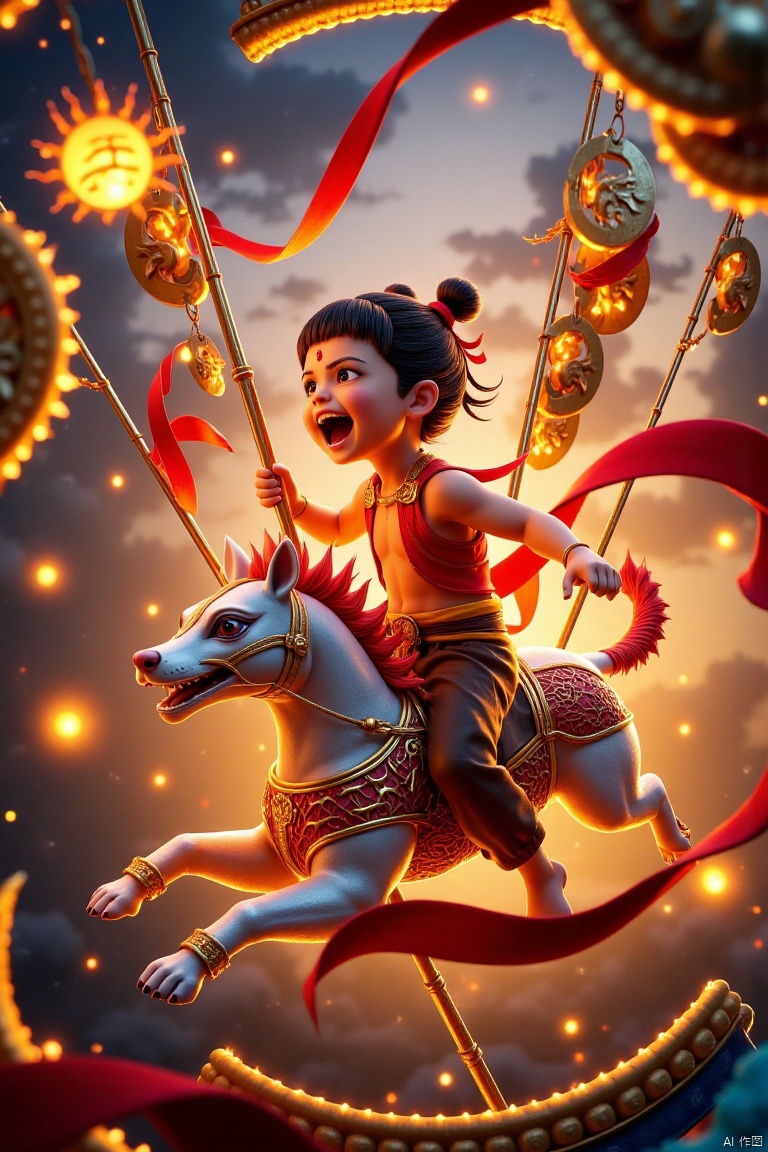A surname,Movie poster style, the ultra-detailed scene in "Nezha 2", the child Nezha (untransformed form: depicting a young anime-style boy with black double buns, red eyes and a mischievous grin. She is wearing a sleeveless red top, brown trousers with a yellow sash, and has a red mark on the forehead) looks up and laughs loudly, with a mouth missing a front tooth wide open, cheeks reddened with excitement, eyes lively and cunning, riding a carousel in a mysterious amusement park. The carousel rotates on a yin-yang platform with floating charm disks, casting the shadows of the Eight Trigrams. Nezha smiles with a missing tooth, waves a stick with candied haws on it, and the red ribbon flutters. Background features: "Shanhe Sheji Tu" roller coaster (ink-painting tracks), Stone Demoness haunted house, dragon-tendon bungee tower. The ground is covered with starry sand, and the sky is filled with koi lanterns and drone kites. Vendors sell "Spirit Pearl Popcorn" and "Hun Tian Ling Cotton Candy" at the short Shen Gongbao. Style: Cyberpunk x Chinese mythology, with metallic texture and neon-glow effects, cinematic depth of field, 8K resolution.,Strange animal