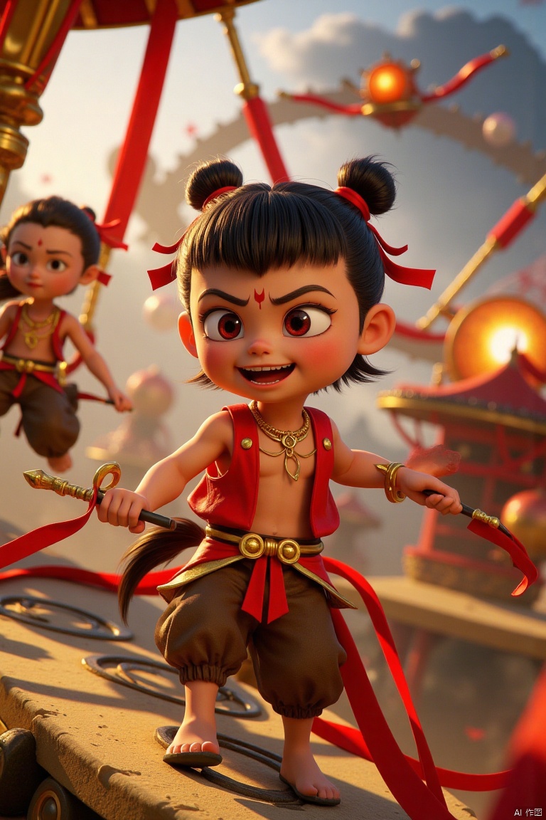 A surname,Movie poster style, the ultra-detailed scene in "Nezha 2", the child Nezha (untransformed form: depicting a young anime-style boy with black double buns, red eyes and a mischievous grin. She is wearing a sleeveless red top, brown trousers with a yellow sash, and has a red mark on the forehead) looks up and laughs loudly, with a mouth missing a front tooth wide open, cheeks reddened with excitement, eyes lively and cunning, riding a carousel in a mysterious amusement park. The carousel rotates on a yin-yang platform with floating charm disks, casting the shadows of the Eight Trigrams. Nezha smiles with a missing tooth, waves a stick with candied haws on it, and the red ribbon flutters. Background features: "Shanhe Sheji Tu" roller coaster (ink-painting tracks), Stone Demoness haunted house, dragon-tendon bungee tower. The ground is covered with starry sand, and the sky is filled with koi lanterns and drone kites. Vendors sell "Spirit Pearl Popcorn" and "Hun Tian Ling Cotton Candy" at the short Shen Gongbao. Style: Cyberpunk x Chinese mythology, with metallic texture and neon-glow effects, cinematic depth of field, 8K resolution. 