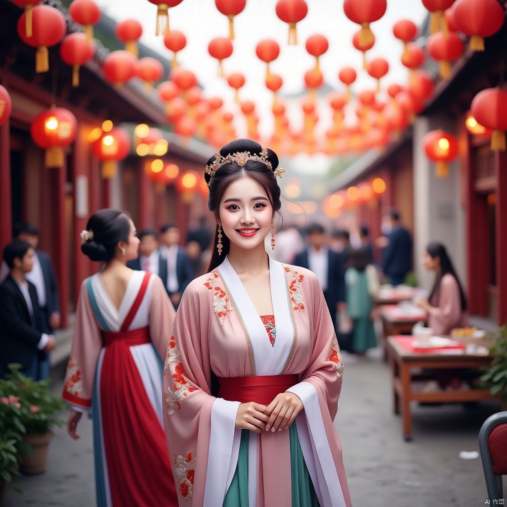 全身照摄影,Beautiful women are walking around the lantern festival on the street with ancient style and charm, with busy ancient streets in the background,Ancient Han costume