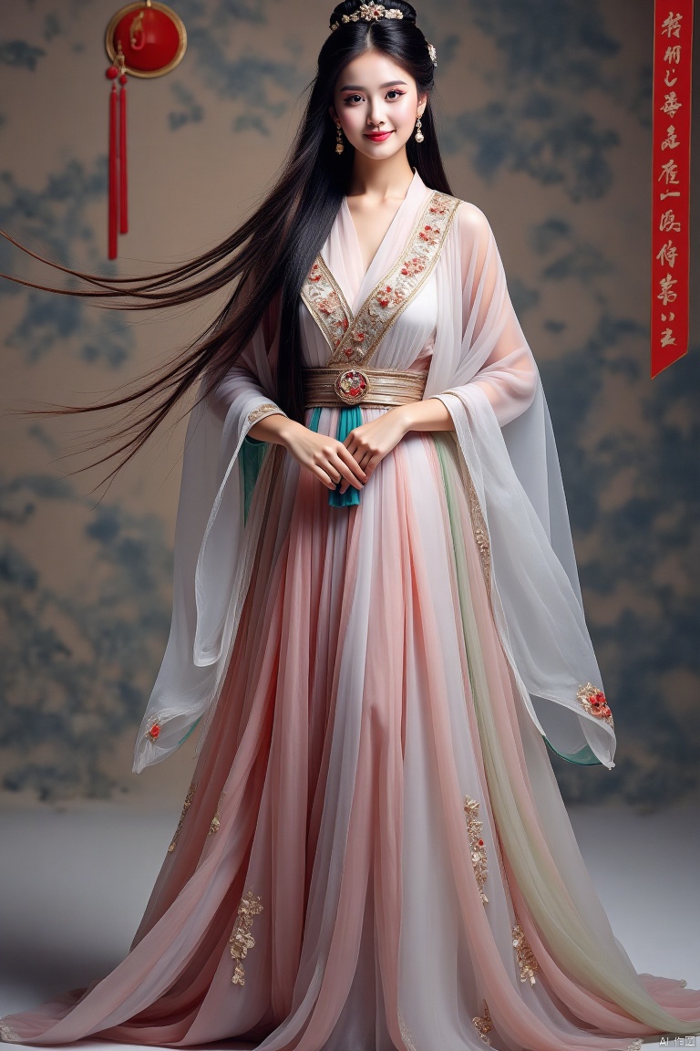 The Chinese beauties wore a mysterious semi-transparent and hollowed-out colored gauze skirt, with exquisite lace patterns inlaid, showing the perfect combination of oriental charm and modern sexiness. Her long black hair drooped gently, her eyes were gentle and confident, and her standing posture was elegant. High-definition photography, full body image, soft light and shadow, highlighting the outline of the character and the details of the clothing, 8K.,Stained glass mosaic,Ancient Han costume