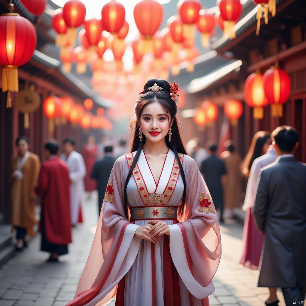 Beautiful women are walking around the lantern festival on the street with ancient style and charm, with busy ancient streets in the background,Ancient Han costume