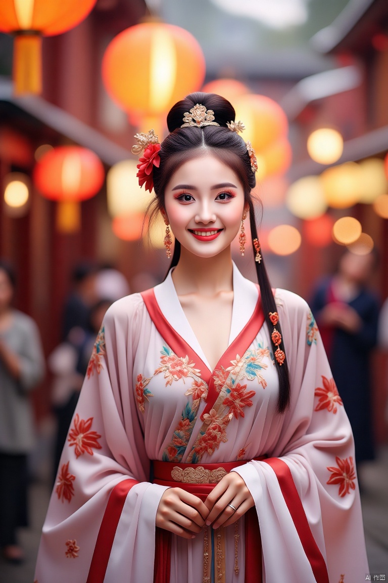 全身照摄影,Beautiful women are walking around the lantern festival on the street with ancient style and charm, with busy ancient streets in the background,Ancient Han costume