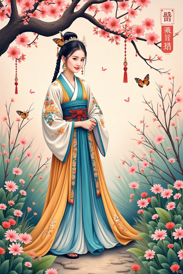  Detailed ukiyo-e of a butterfly garden, Cherry blossom,epiclight,Ukiyo-e,colorful,Illustration,月上枝头,Ancient Han costume