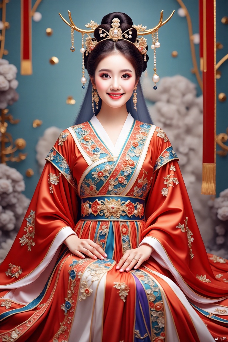 Chinese female characters wear gorgeous court gowns, bright colors, and flowing satin skirts are dotted with exquisite embroidery. . Wearing a golden pearl crown and inlaid with dazzling gems, she looks like a fairy in a fairyland. Wrapped in long hair, wrapped in bundles of pearls and golden threads, shining with the glory of the palace. Her face was dignified and dignified, and a hint of wisdom and calmness appeared in her eyes.,Dunhuang ladies,Stained glass mosaic,Ancient Han costume