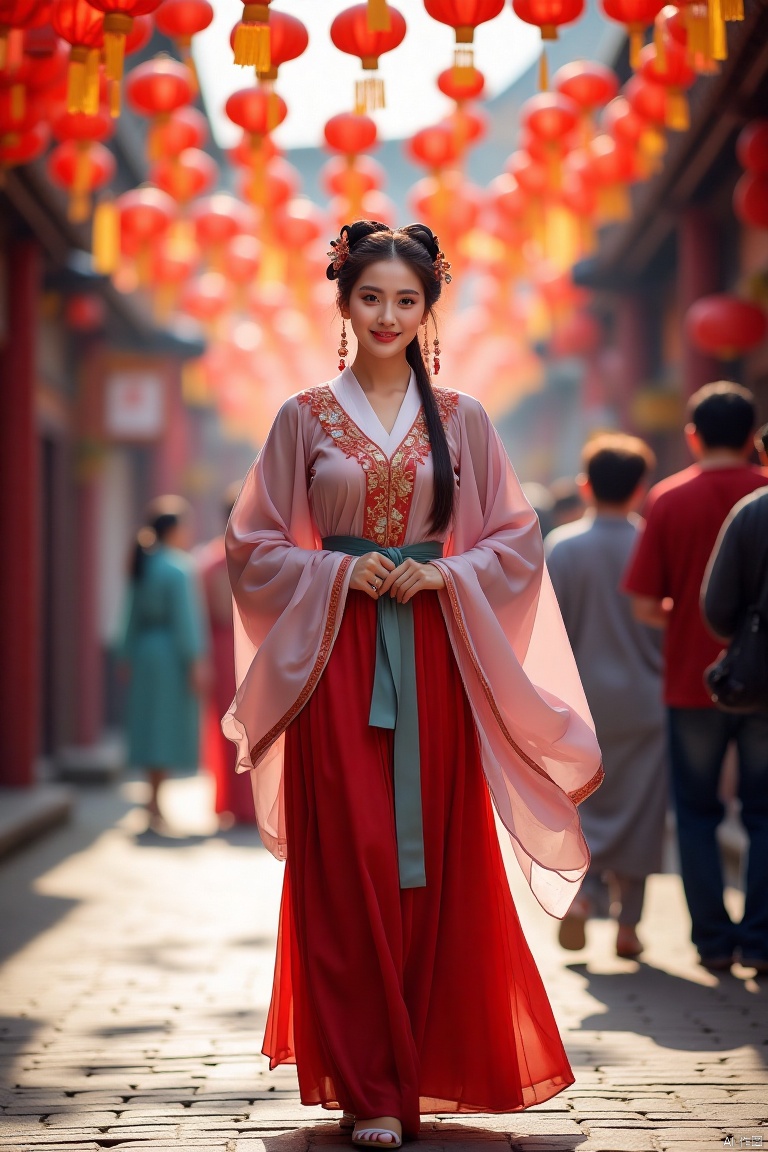 full body photographyBeautiful women are walking around the lantern festival on the street with ancient style and charm, with busy ancient streets in the background,Ancient Han costume