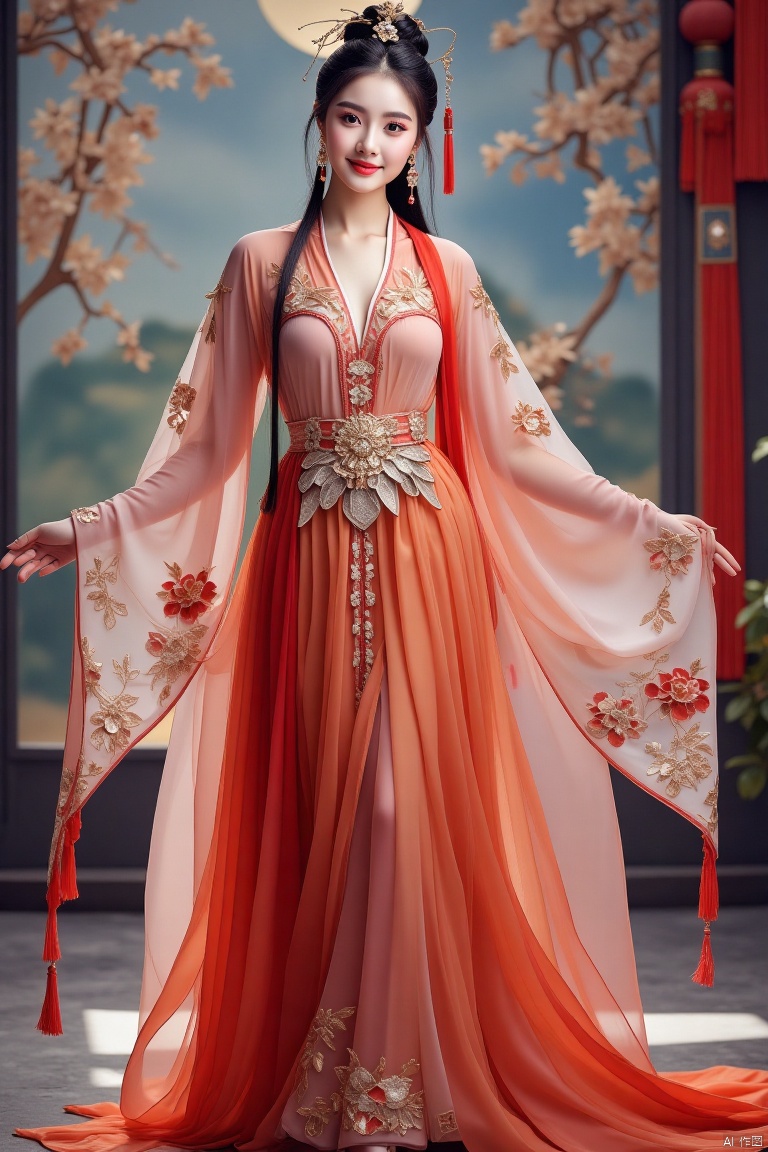 The Chinese beauties wore a mysterious semi-transparent and hollowed-out colored gauze skirt, with exquisite lace patterns inlaid, showing the perfect combination of oriental charm and modern sexiness. Her long black hair drooped gently, her eyes were gentle and confident, and her standing posture was elegant. High-definition photography, full body image, soft light and shadow, highlighting the outline of the character and the details of the clothing, 8K.,Stained glass mosaic,Ancient Han costume