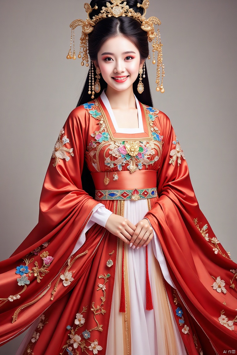 Chinese female characters wear gorgeous court gowns, bright colors, and flowing satin skirts are dotted with exquisite embroidery. . Wearing a golden pearl crown and inlaid with dazzling gems, she looks like a fairy in a fairyland. Wrapped in long hair, wrapped in bundles of pearls and golden threads, shining with the glory of the palace. Her face was dignified and dignified, and a hint of wisdom and calmness appeared in her eyes.,Dunhuang ladies,Stained glass mosaic,Ancient Han costume