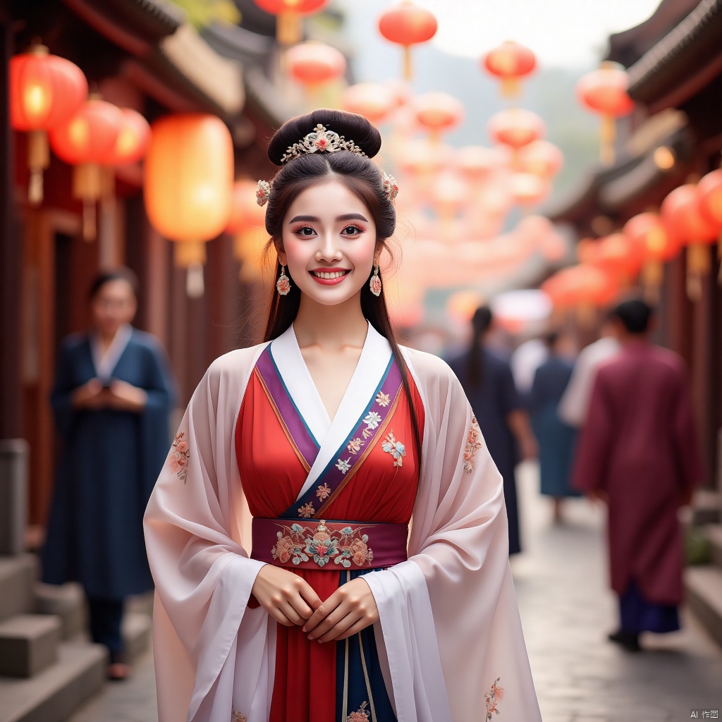 Beautiful women are walking around the lantern festival on the street with ancient style and charm, with busy ancient streets in the background,Ancient Han costume