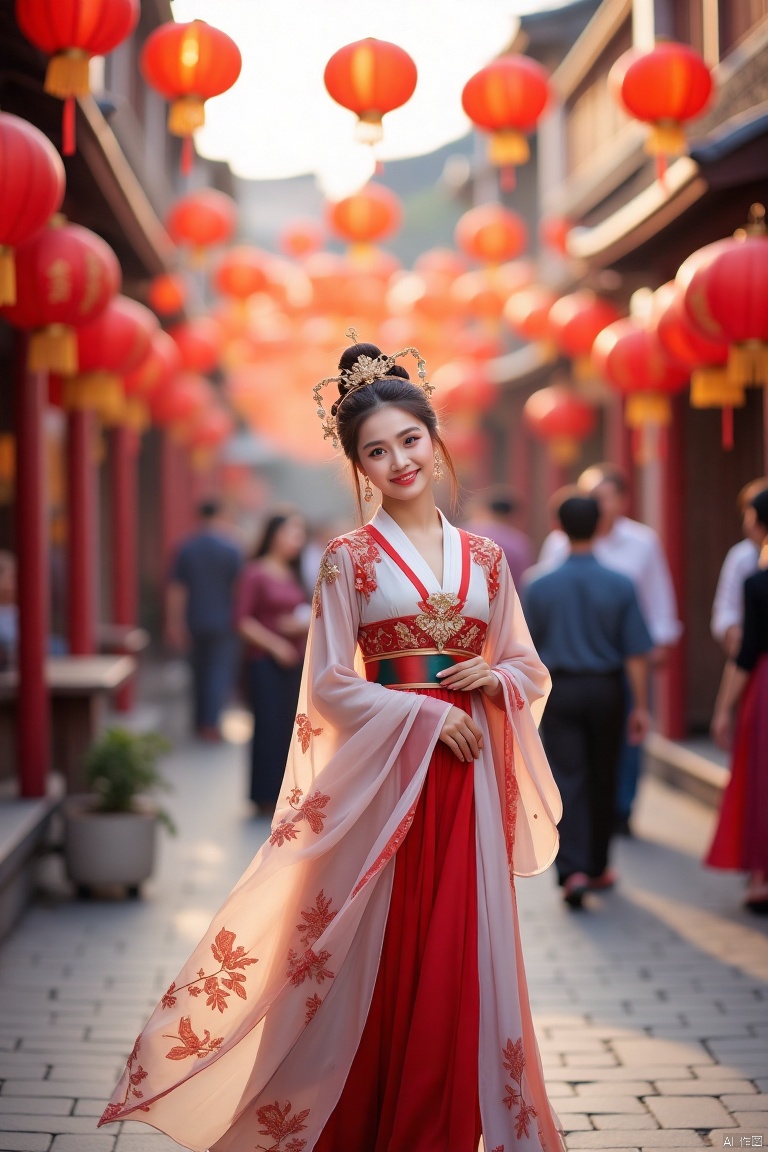 全身照摄影,Beautiful women are walking around the lantern festival on the street with ancient style and charm, with busy ancient streets in the background,Ancient Han costume