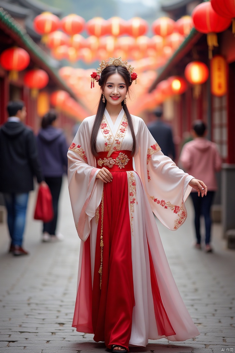 full body photographyBeautiful women are walking around the lantern festival on the street with ancient style and charm, with busy ancient streets in the background,Ancient Han costume
