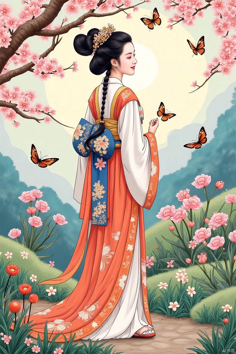  Detailed ukiyo-e of a butterfly garden, Cherry blossom,epiclight,Ukiyo-e,colorful,Illustration,月上枝头,Ancient Han costume