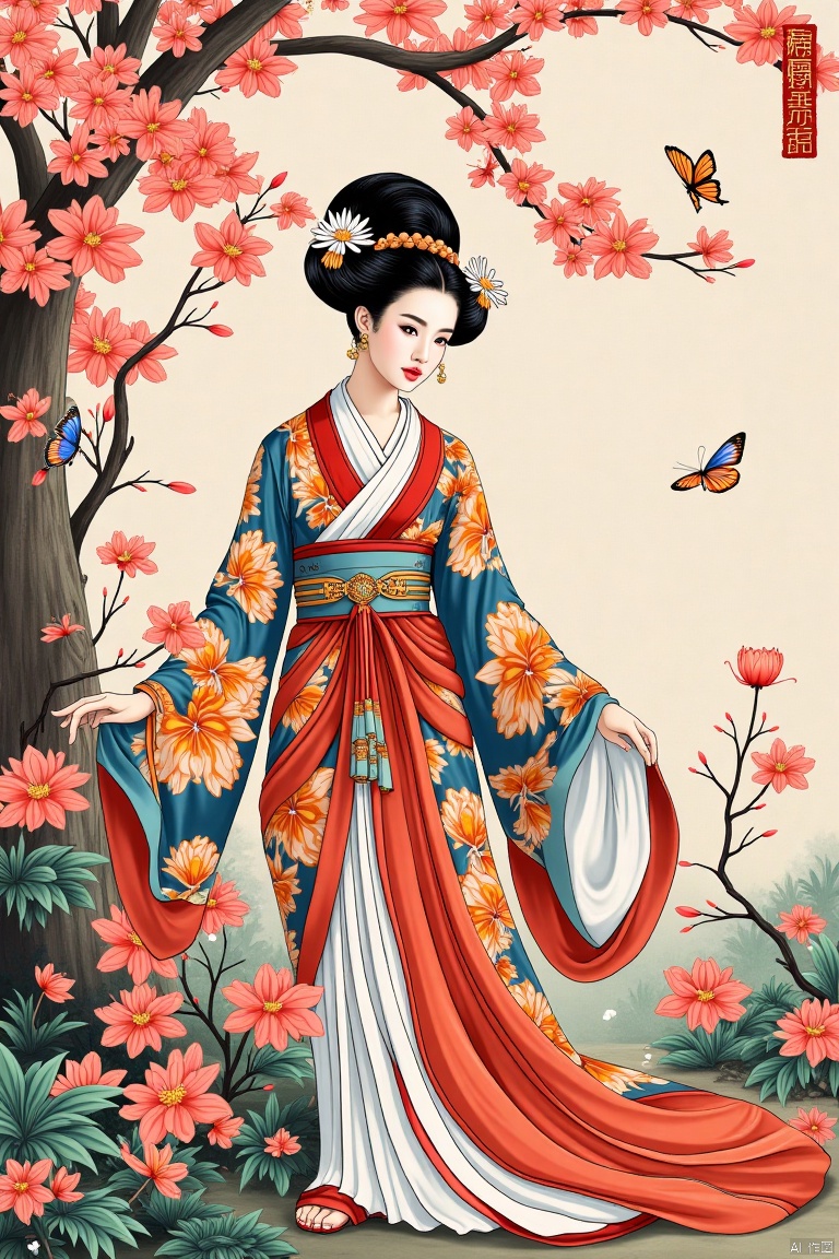  Detailed ukiyo-e of a butterfly garden, Cherry blossom,epiclight,Ukiyo-e,colorful,Illustration,月上枝头,Ancient Han costume,Dunhuang ladies