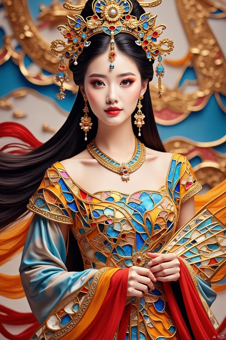The Chinese female character wears an opulent court gown with a flowing satin skirt embellished with exquisite embroidery. The dress is embroidered with gold thread and dragon and phoenix patterns, highlighting her royal status and noble temperament. Wearing a golden pearl crown, inlaid with bright gems, like fairies in fairyland. Long hair wrapped down, wrapped in bundles of pearls and gold thread, glittering with the glory of the court. Her face was dignified and dignified, and there was a hint of wisdom and coolness in her eyes. Holding a jade fan, the fan is painted with the scenery of immortal mountains and divine water, highlighting her nobility and elegance,Dunhuang ladies,Stained glass mosaic