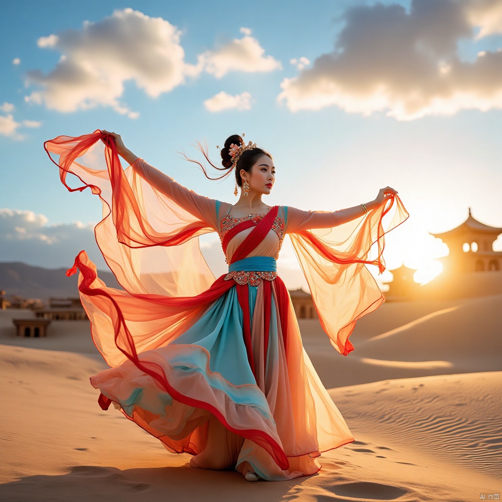 A beauty dancing the flying celestial dance in the Dunhuang desert,with ancient buildings,white clouds,blue sky,and sunset in the background.,A surname,Dunhuang ladies