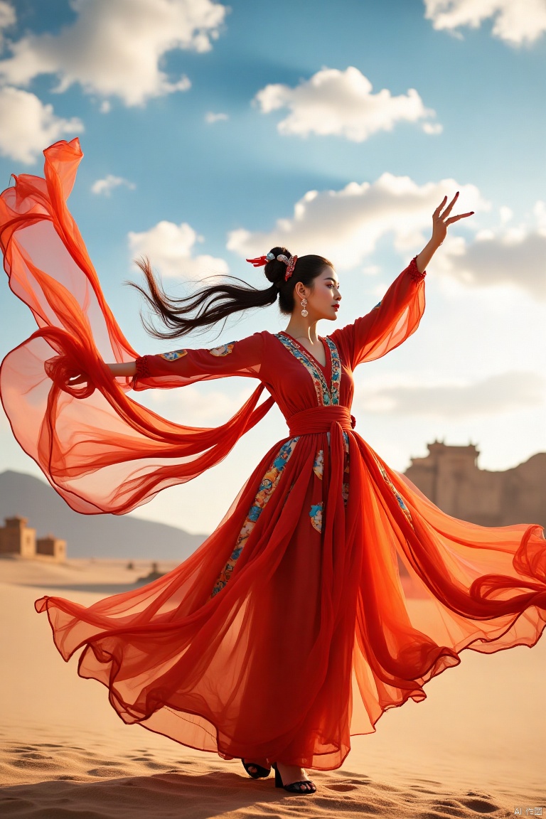 A beauty dancing the flying celestial dance in the Dunhuang desert,with ancient buildings,white clouds,blue sky,and sunset in the background.,A surname,Dunhuang ladies