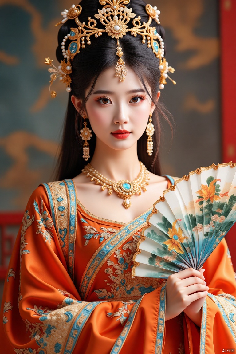 The Chinese female character wears an opulent court gown with a flowing satin skirt embellished with exquisite embroidery. The dress is embroidered with gold thread and dragon and phoenix patterns, highlighting her royal status and noble temperament. Wearing a golden pearl crown, inlaid with bright gems, like fairies in fairyland. Long hair wrapped down, wrapped in bundles of pearls and gold thread, glittering with the glory of the court. Her face was dignified and dignified, and there was a hint of wisdom and coolness in her eyes. Holding a jade fan, the fan is painted with the scenery of immortal mountains and divine water, highlighting her nobility and elegance