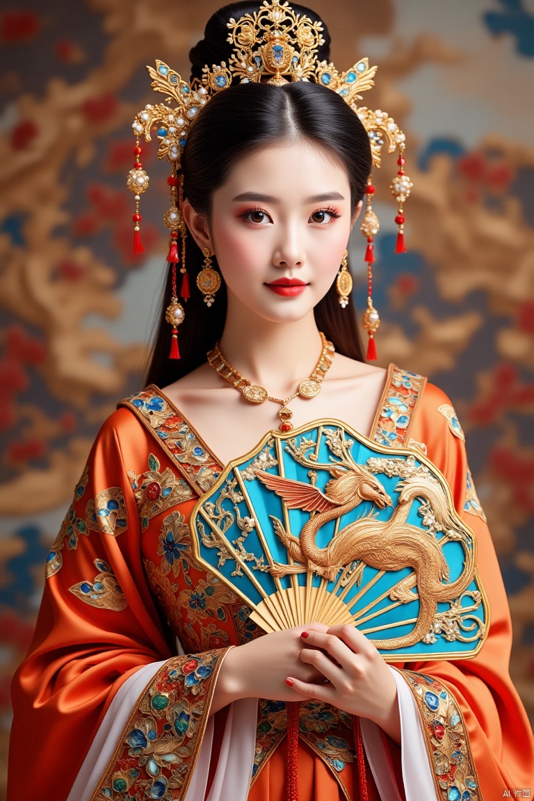 The Chinese female character wears an opulent court gown with a flowing satin skirt embellished with exquisite embroidery. The dress is embroidered with gold thread and dragon and phoenix patterns, highlighting her royal status and noble temperament. Wearing a golden pearl crown, inlaid with bright gems, like fairies in fairyland. Long hair wrapped down, wrapped in bundles of pearls and gold thread, glittering with the glory of the court. Her face was dignified and dignified, and there was a hint of wisdom and coolness in her eyes. Holding a jade fan, the fan is painted with the scenery of immortal mountains and divine water, highlighting her nobility and elegance,Dunhuang ladies,Stained glass mosaic