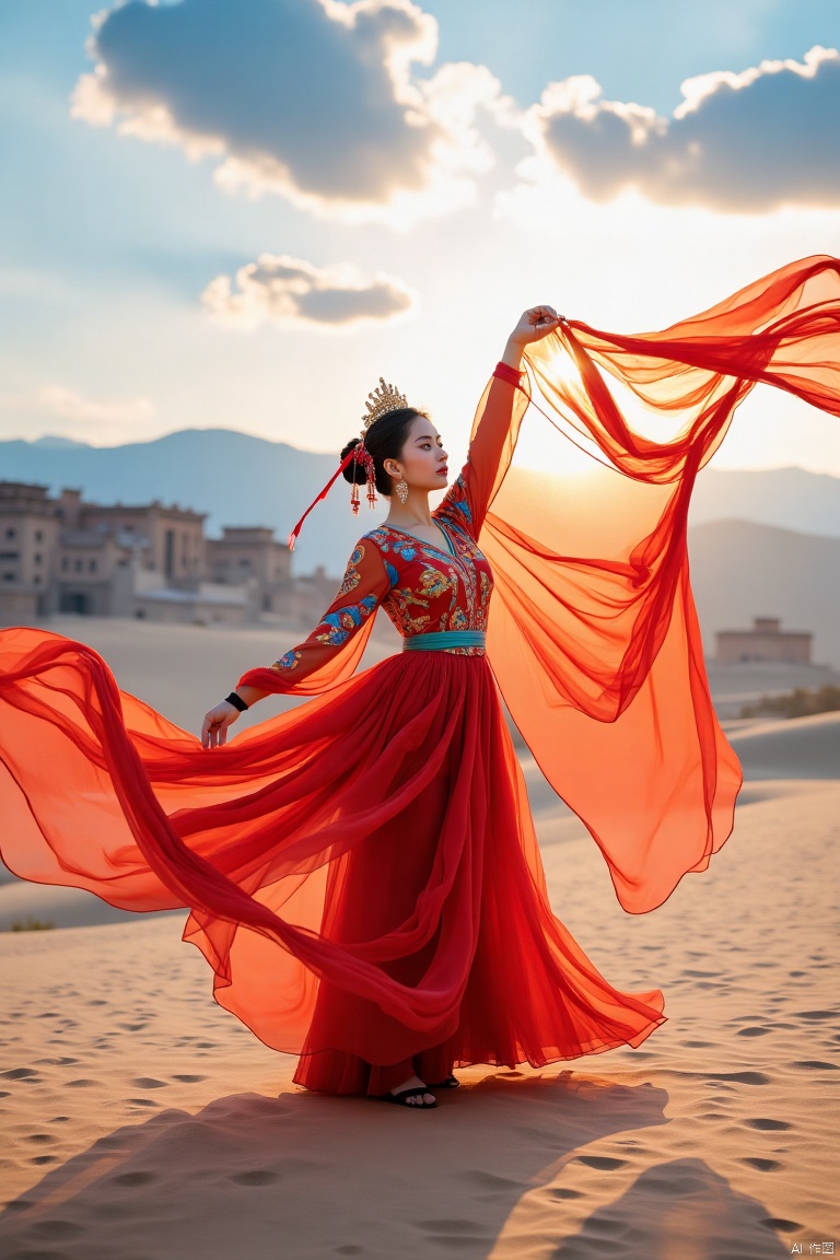 A beauty dancing the flying celestial dance in the Dunhuang desert,with ancient buildings,white clouds,blue sky,and sunset in the background.,A surname,Dunhuang ladies