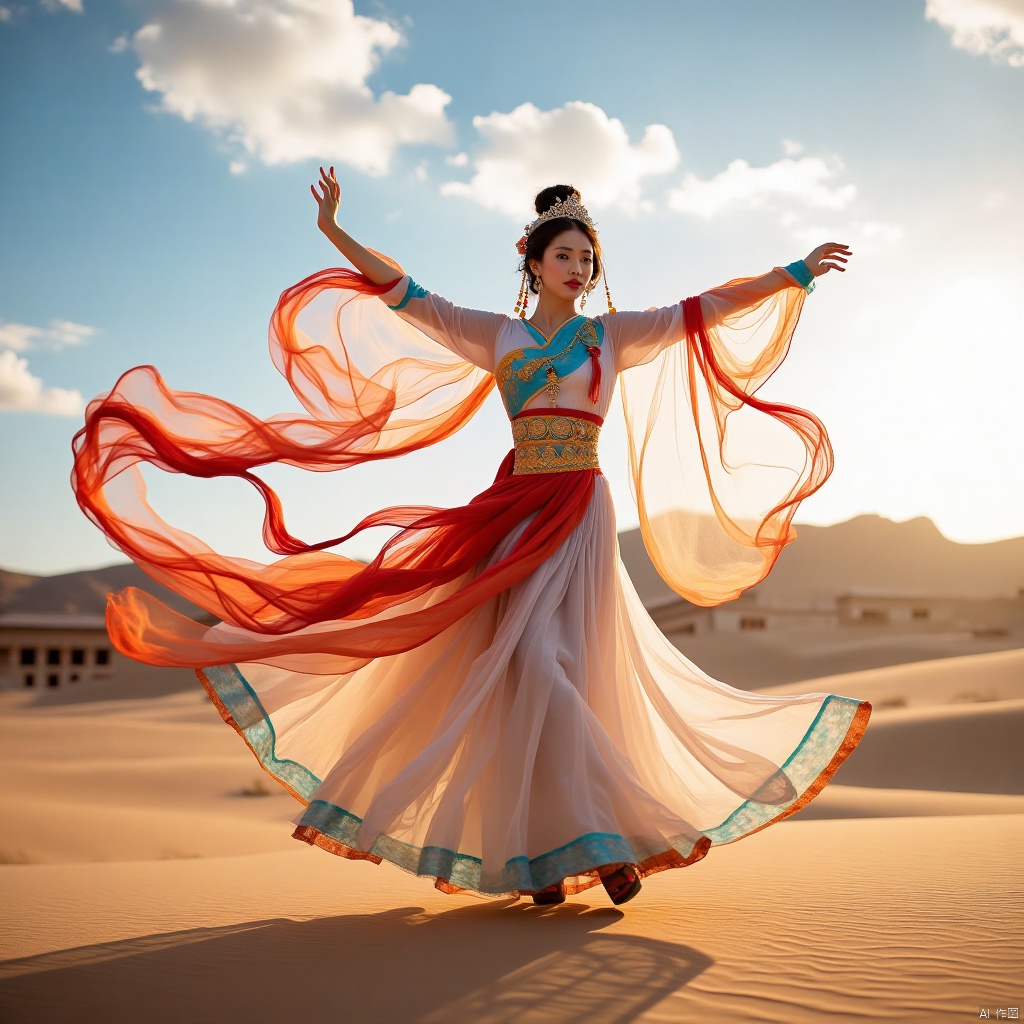 A beauty dancing the flying celestial dance in the Dunhuang desert,with ancient buildings,white clouds,blue sky,and sunset in the background.,A surname,Dunhuang ladies