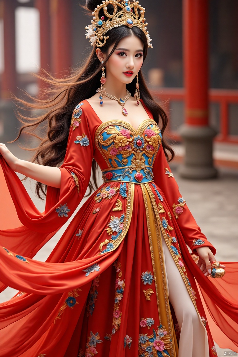 Chinese female characters wear gorgeous court gowns, bright colors, and flowing satin skirts are dotted with exquisite embroidery. . Wearing a golden pearl crown and inlaid with dazzling gems, she looks like a fairy in a fairyland. Wrapped in long hair, wrapped in bundles of pearls and golden threads, shining with the glory of the palace. Her face was dignified and dignified, and a hint of wisdom and calmness appeared in her eyes.