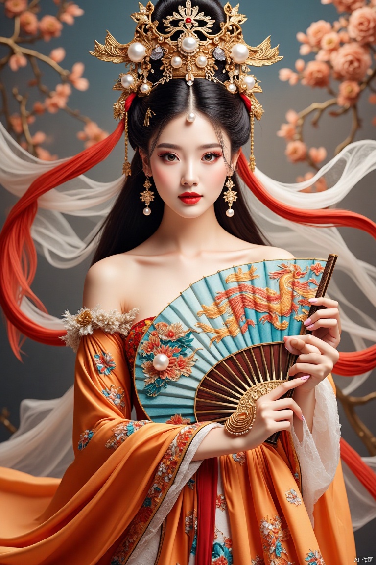 The Chinese female character wears an opulent court gown with a flowing satin skirt embellished with exquisite embroidery. The dress is embroidered with gold thread and dragon and phoenix patterns, highlighting her royal status and noble temperament. Wearing a golden pearl crown, inlaid with bright gems, like fairies in fairyland. Long hair wrapped down, wrapped in bundles of pearls and gold thread, glittering with the glory of the court. Her face was dignified and dignified, and there was a hint of wisdom and coolness in her eyes. Holding a jade fan, the fan is painted with the scenery of immortal mountains and divine water, highlighting her nobility and elegance,Dunhuang ladies,Stained glass mosaic
