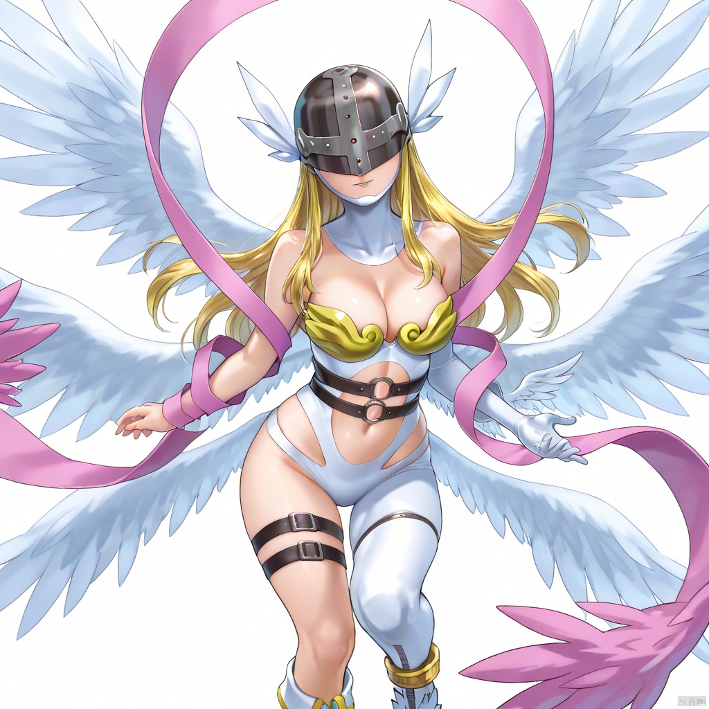 masterpiece, best quality, high quality, Angewomon \(Digimon\), 1girl, solo, long hair, breasts, blonde hair, simple background, gloves, white background, cleavage, bare shoulders, medium breasts, wings, elbow gloves, belt, white gloves, armor, thigh strap, helmet, head wings, feathered wings, single glove, angel wings, shawl, asymmetrical clothes, covered eyes, single elbow glove, multiple wings, asymmetrical footwear, hagoromo, mismatched footwear, winged helmet,