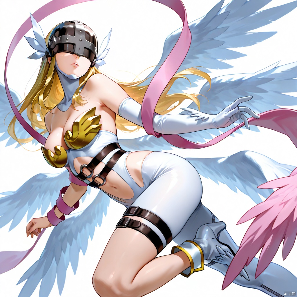 masterpiece, best quality, high quality, Angewomon \(Digimon\), 1girl, solo, long hair, breasts, blonde hair, simple background, gloves, white background, cleavage, bare shoulders, medium breasts, wings, elbow gloves, belt, white gloves, armor, thigh strap, helmet, head wings, feathered wings, single glove, angel wings, shawl, asymmetrical clothes, covered eyes, single elbow glove, multiple wings, asymmetrical footwear, hagoromo, mismatched footwear, winged helmet,
