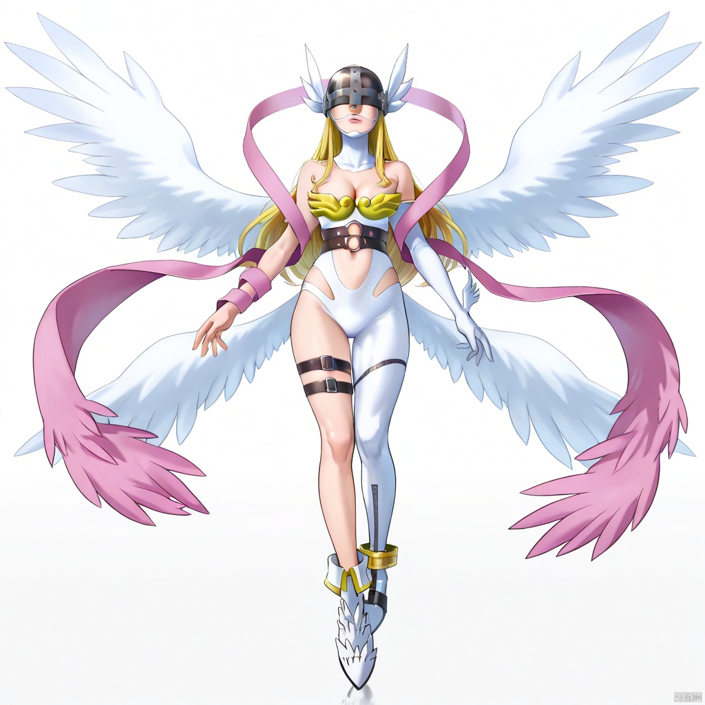 masterpiece, best quality, high quality, Angewomon \(Digimon\), 1girl, solo, long hair, breasts, blonde hair, simple background, gloves, white background, cleavage, bare shoulders, medium breasts, full body, wings, elbow gloves, belt, white gloves, armor, thigh strap, helmet, head wings, feathered wings, single glove, angel wings, shawl, asymmetrical clothes, covered eyes, single elbow glove, multiple wings, asymmetrical footwear, hagoromo, mismatched footwear, winged helmet,