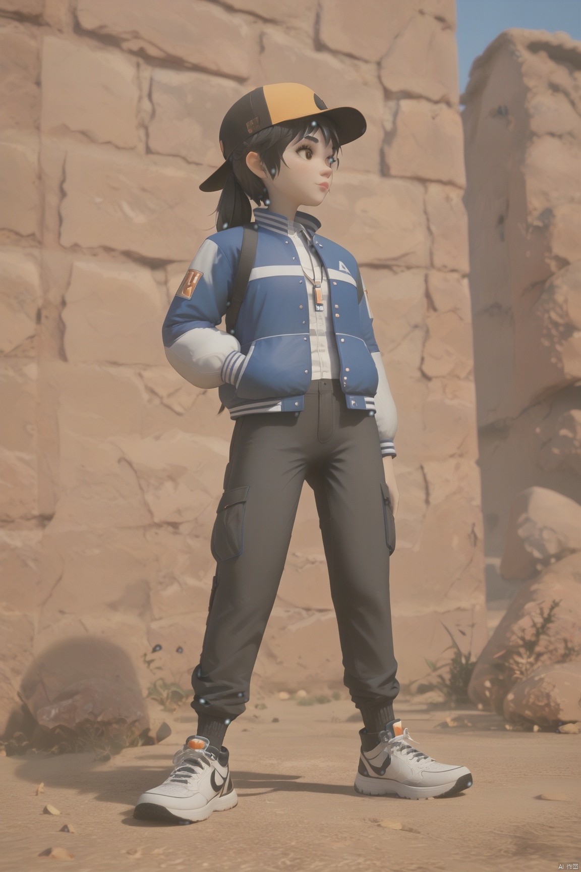 1girl,Peng Fei,Blue jacket,Black pants,cbaseball cap,shoes,
