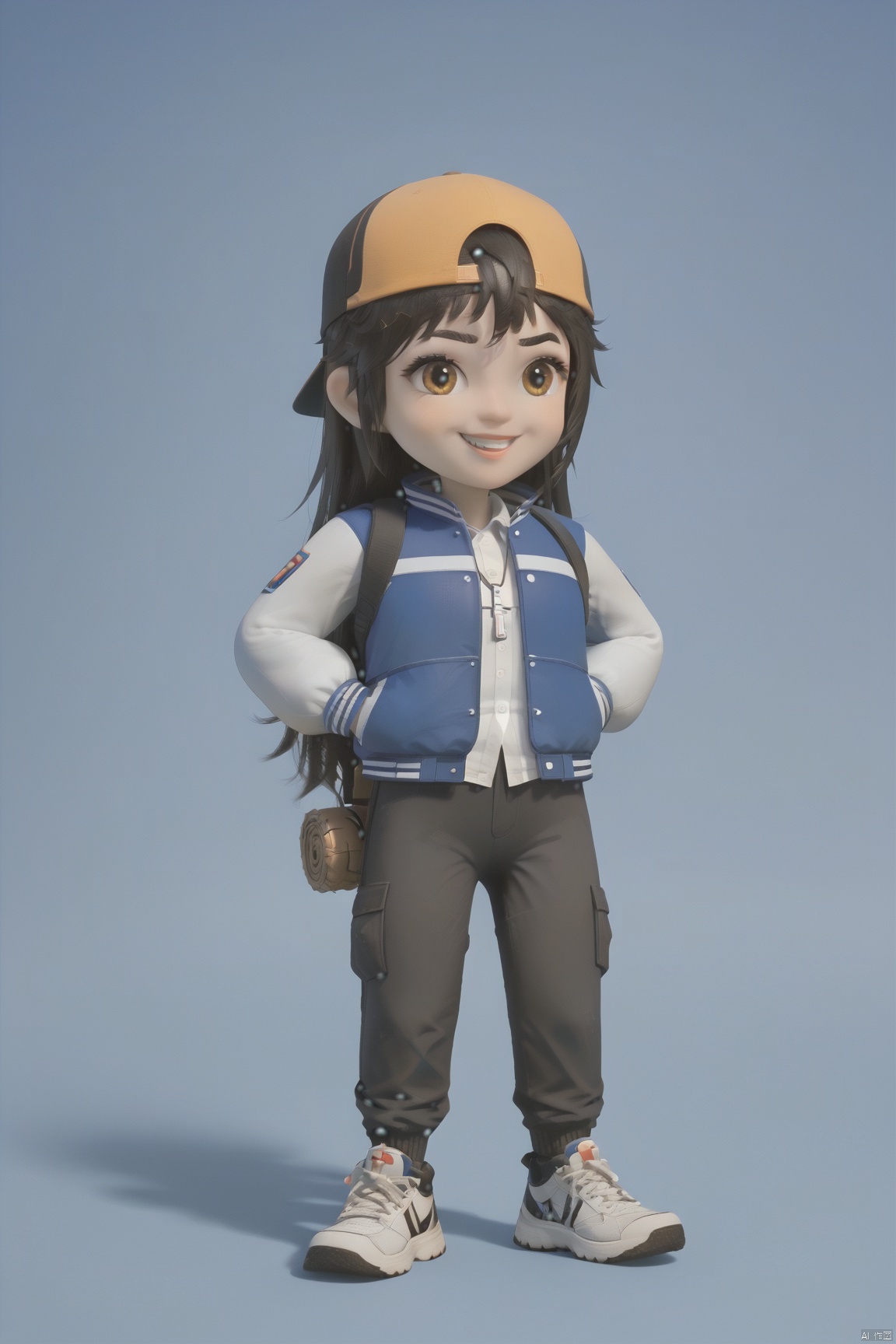 1girl,Peng Fei,Blue jacket,Black pants,cbaseball cap,shoes,smile_:d_chibi