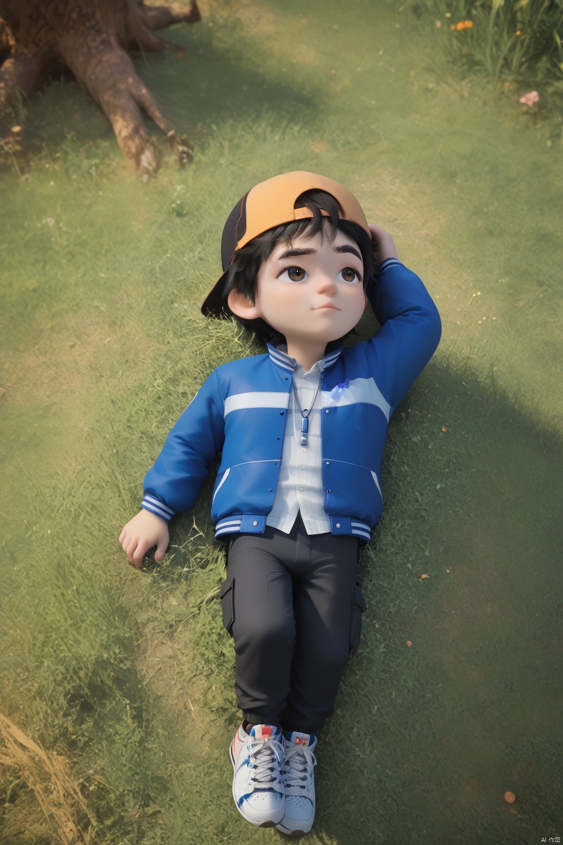 1boy,Peng Fei,Blue jacket,Black pants,cbaseball cap,shoes,short hair,lying-on-back_chibi_full_body