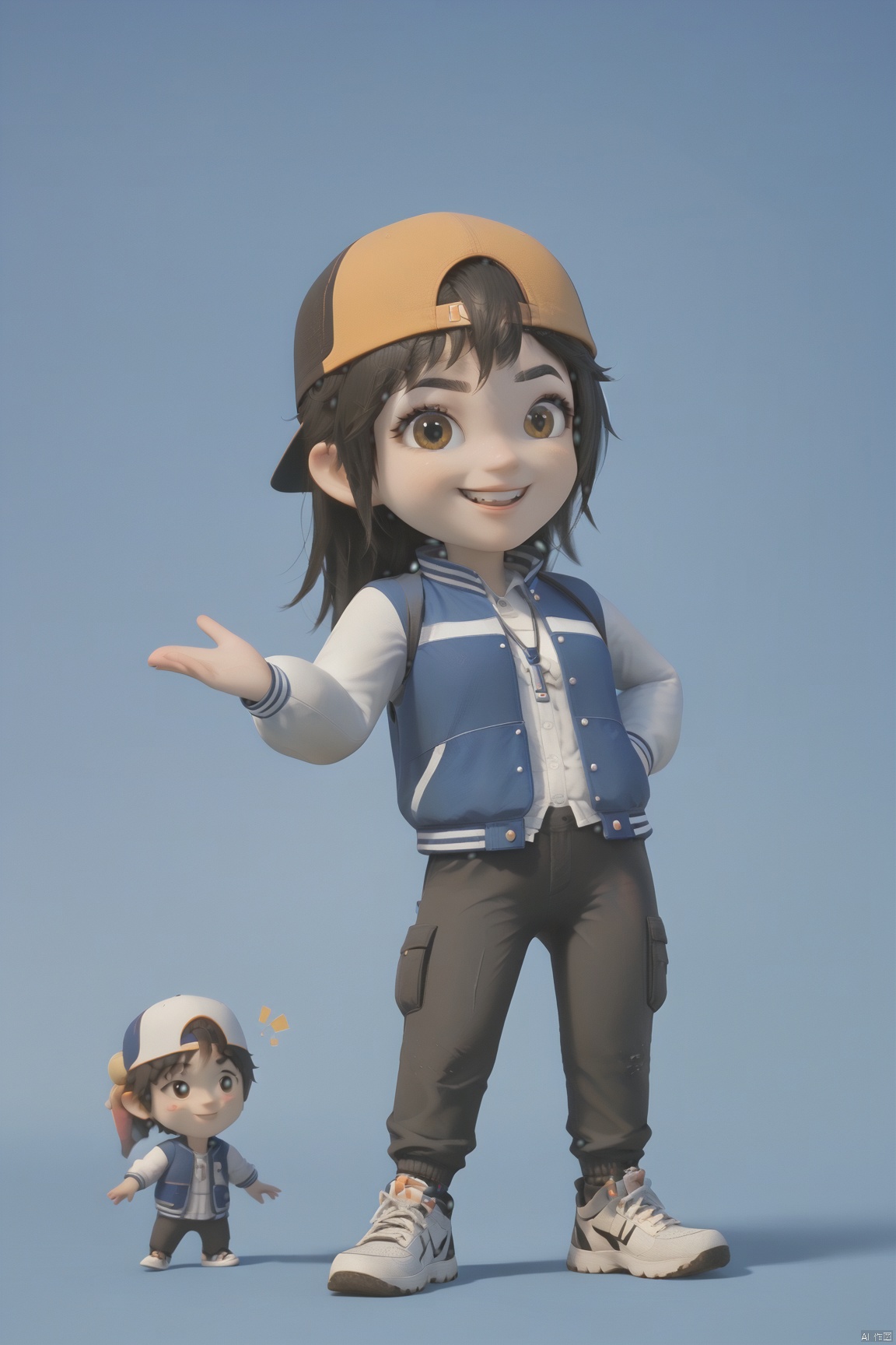 1girl,Peng Fei,Blue jacket,Black pants,cbaseball cap,shoes,smile_:d_chibi