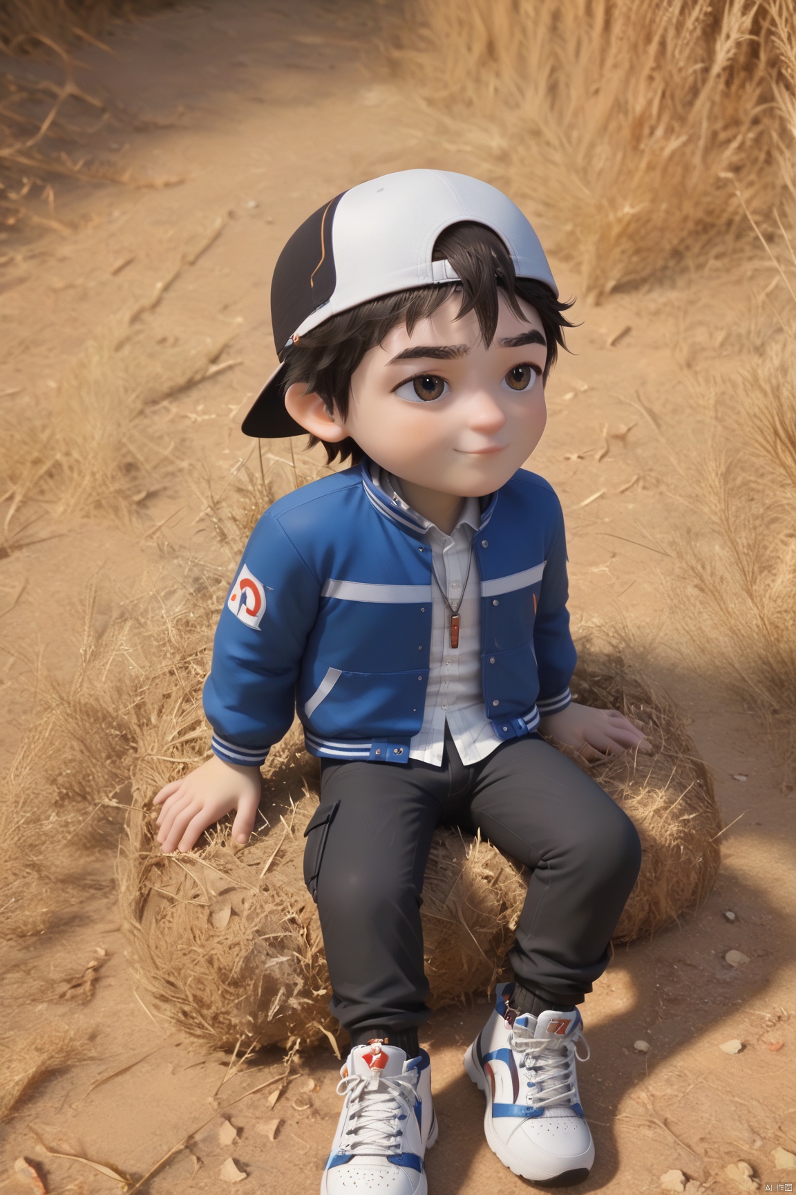 1boy,Peng Fei,Blue jacket,Black pants,cbaseball cap,shoes,lying-on-back_chibi_full_body