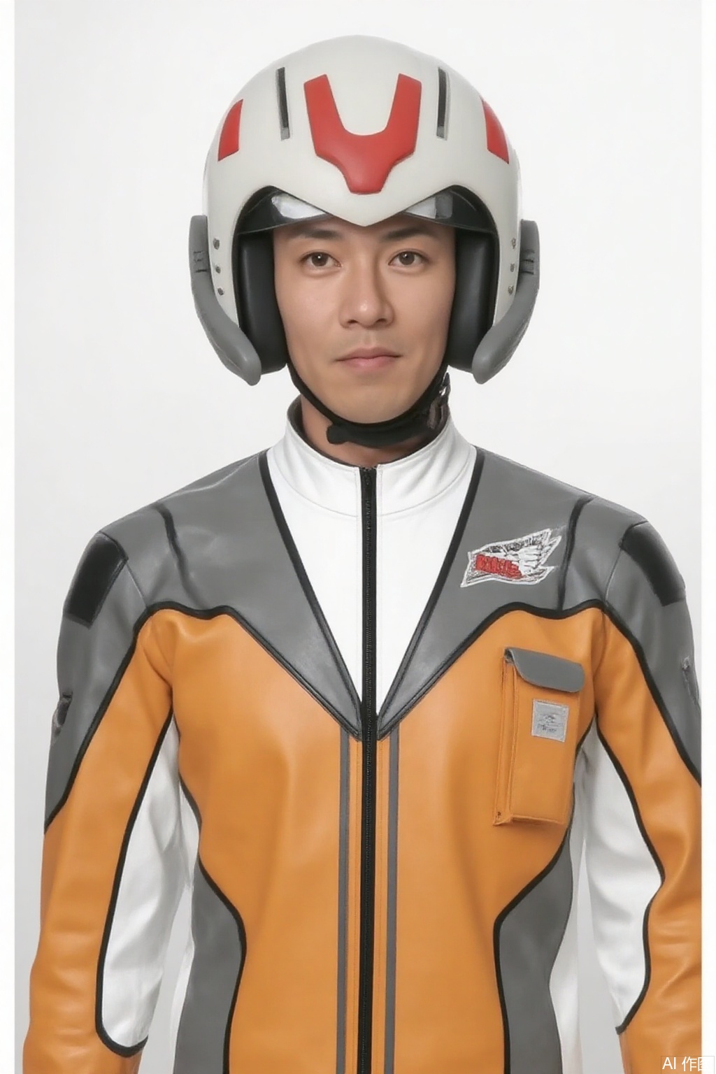 masterpiece, best quality,solo,(white background:1.2),simple background,
looking at viewer,GUYS,helmet,collar,belt,logo,uniform,jacket,emblem,orange jacket,grey pants,orange jacket with grey and white line,orange jacket with white collar,grey pants with white line