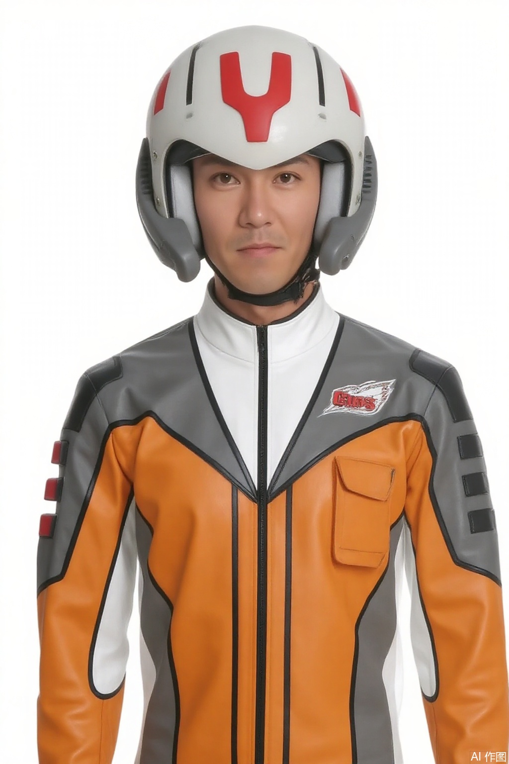 masterpiece, best quality,solo,(white background:1.2),simple background,
looking at viewer,GUYS,helmet,collar,belt,logo,uniform,jacket,emblem,orange jacket,grey pants,orange jacket with grey and white line,orange jacket with white collar,grey pants with white line