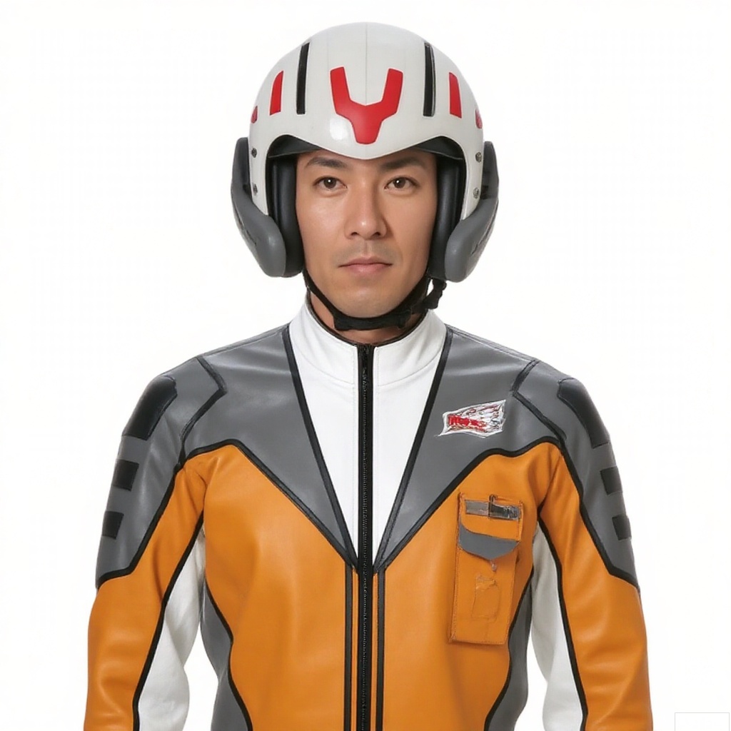 masterpiece, best quality,solo,(white background:1.2),simple background,
looking at viewer,GUYS,helmet,collar,belt,logo,uniform,jacket,pants,gloves,boots,emblem,orange jacket,grey pants,orange jacket with grey and white line,orange jacket with white collar,grey pants with white line