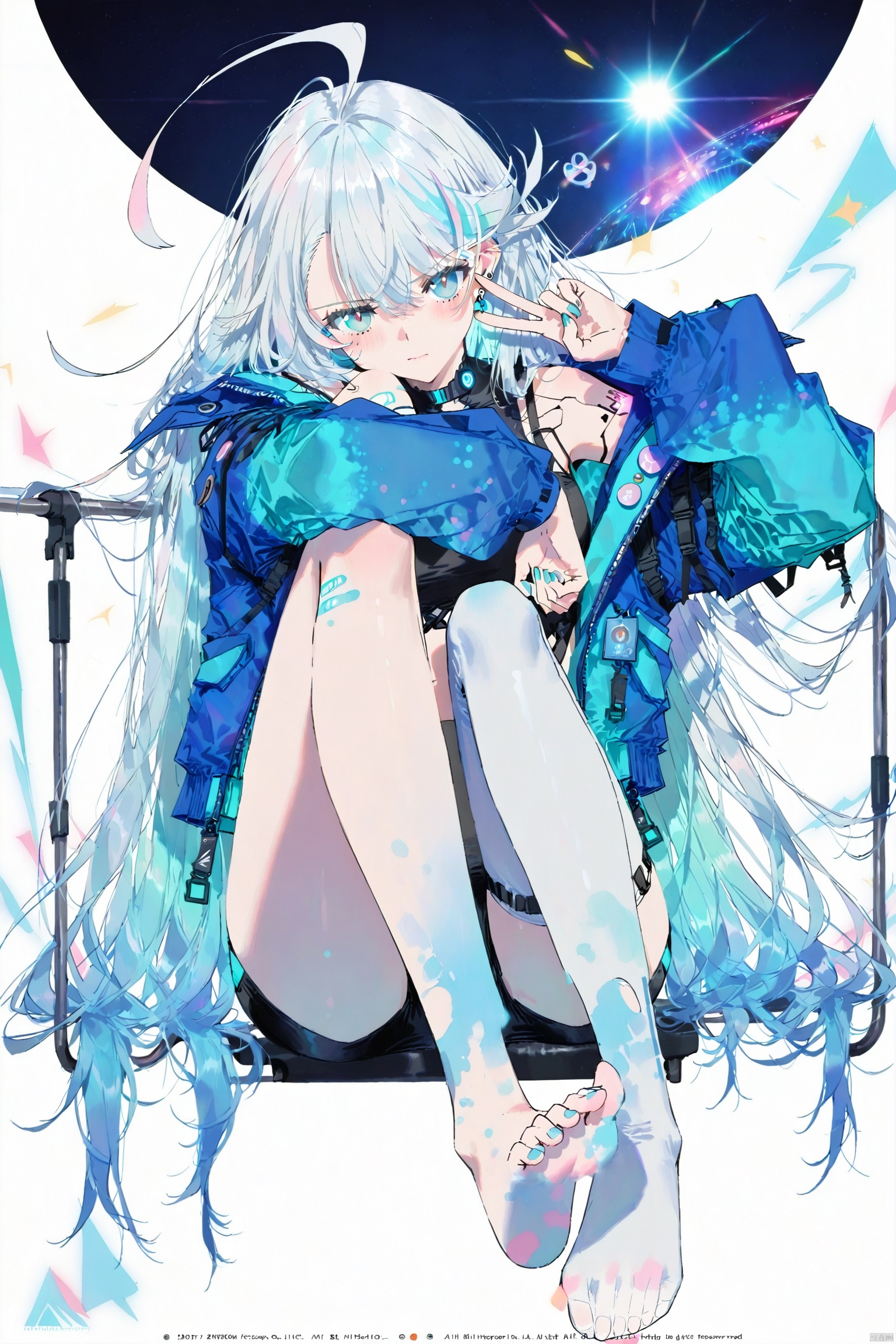 1girl, no shoes, feet, solo, long hair, asymmetrical legwear, thighhighs, toes, white thighhighs, mismatched legwear, soles, earrings, sitting, white background, jewelry, pantyhose, white hair, ahoge, simple background, legs, knees up, closed mouth, long sleeves, single leg pantyhose, very long hair, full body, looking at viewer, foot focus, single thighhigh, see-through legwear, blush, blue eyes,(artist:quasarcake:0.8),extreme aesthetic,(wlop:0.6),(visual impact: 1.2),give poster movies dynamic and visual impact appearance,impact pictures,official art,bright colors,film perspective,masterpiece,best quality,backlight,depth of field,film lighting,light particles,lens flares,extreme aesthetics,tension lens,ultra-high resolution,sharp focus,best quality,masterpiece,emotional,unconventional highest masterpiece,superb detail Temperature atmosphere,with high-end texture,with fashion photography style,Colorful and complex background,jixuanfenghua,qxsy, 1girl,A cyberpunk girl