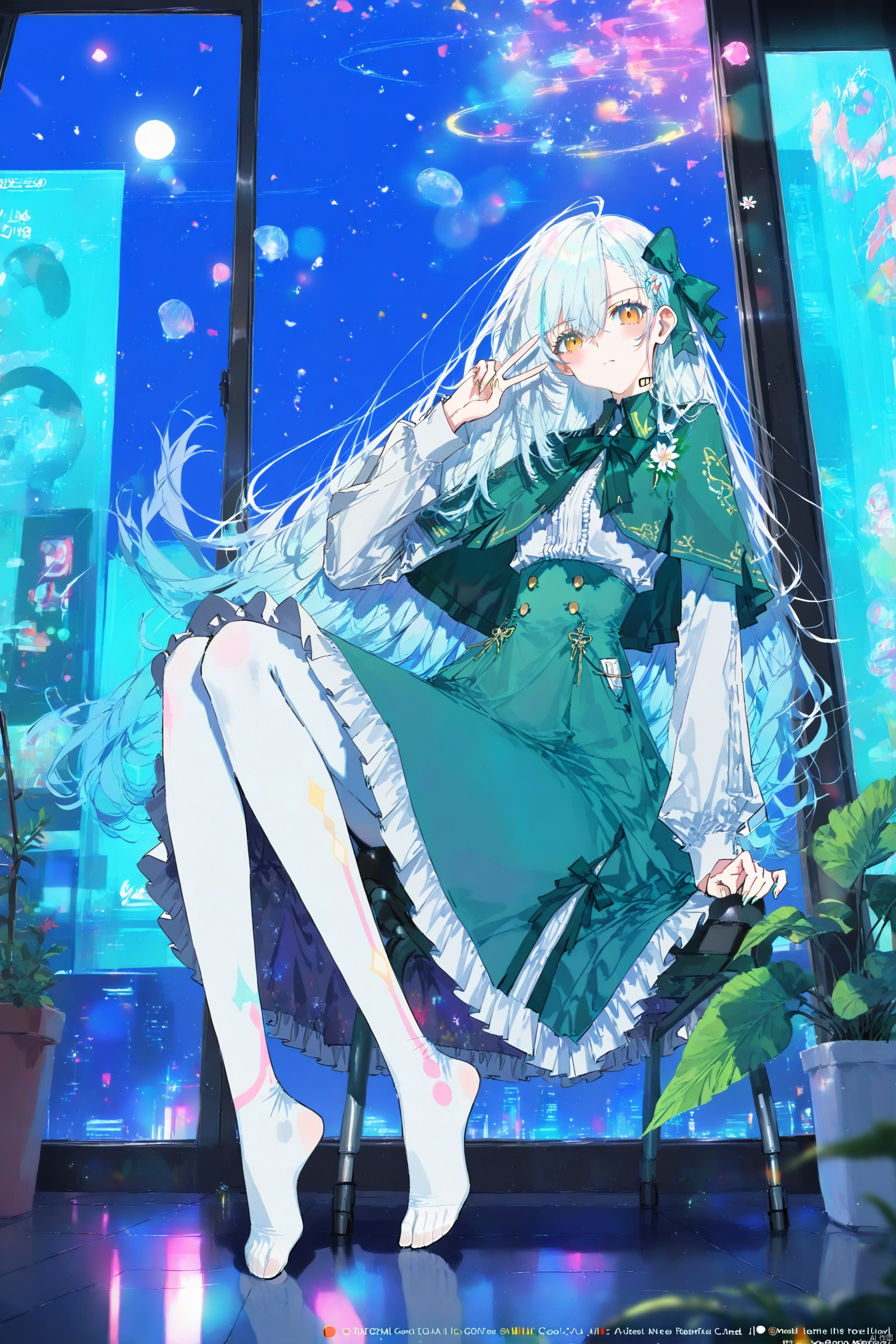 1girl, pantyhose, long hair, sitting, green capelet, no shoes, white pantyhose, indoors, solo, bow, white hair, hair bow, window, capelet, green bow, looking at viewer, green skirt, frills, long sleeves, plant, skirt, yellow eyes, potted plant, blush, feet, very long hair, shirt, white shirt, high-waist skirt, light particles, full body, closed mouth, lens flare, frilled skirt, wooden floor, flower, hair between eyes, sunlight, toes, legs, hand up, center frills, day,(artist:quasarcake:0.8),extreme aesthetic,(wlop:0.6),(visual impact: 1.2),give poster movies dynamic and visual impact appearance,impact pictures,official art,bright colors,film perspective,masterpiece,best quality,backlight,depth of field,film lighting,light particles,lens flares,extreme aesthetics,tension lens,ultra-high resolution,sharp focus,best quality,masterpiece,emotional,unconventional highest masterpiece,superb detail Temperature atmosphere,with high-end texture,with fashion photography style,Colorful and complex background,jixuanfenghua,qxsy, 1girl,A cyberpunk girl