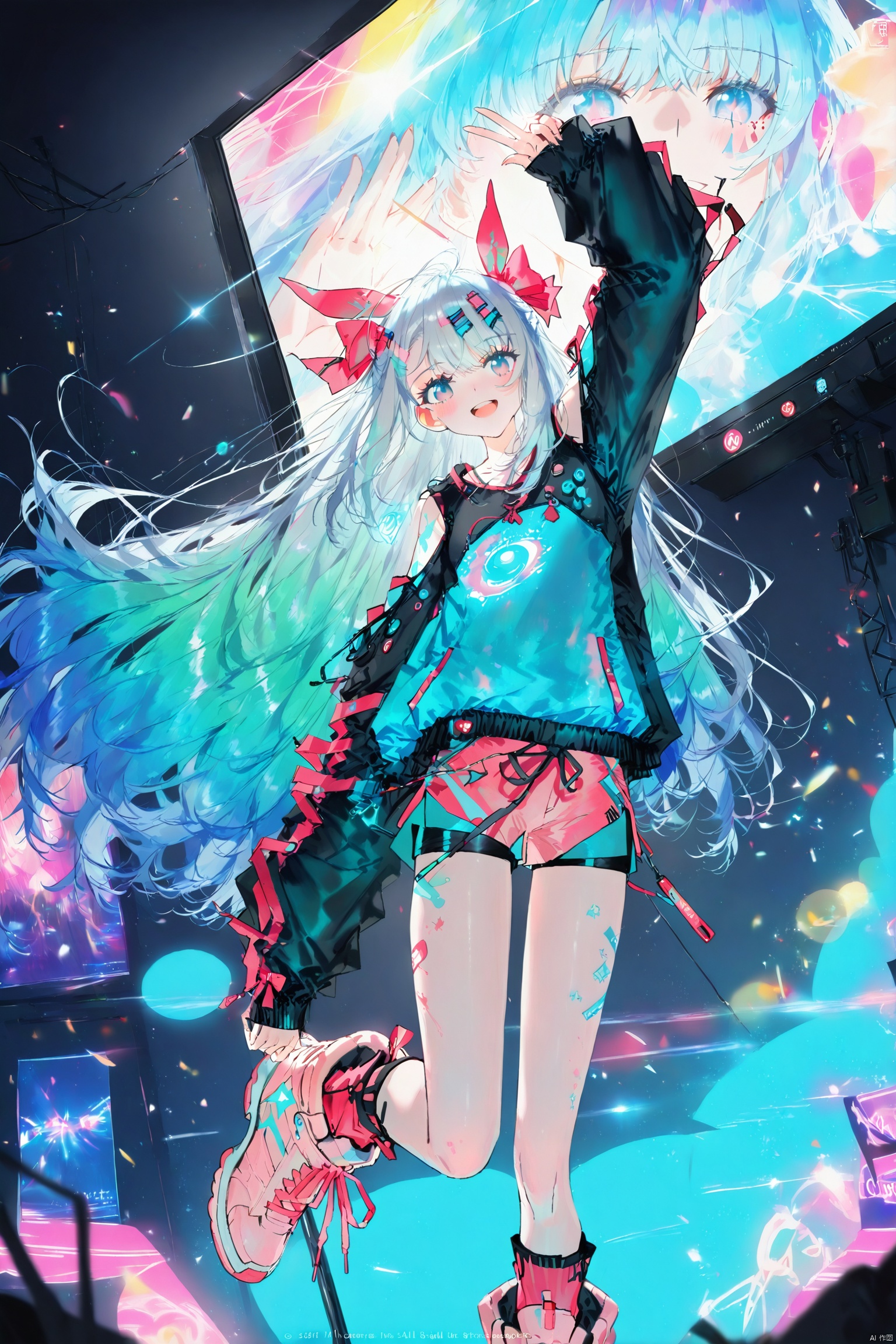 Girl, sleeves over wrists, solo, from below, long hair, very long hair, shorts, sleeves over fingers, pink bow, pink footwear, soles, bow, looking at the audience, bangs, smile, pink shorts, long sleeves, shorts, pink socks, gray background, hair accessories, shoes, complex background, shorts, white hair, socks, hair bow, blue eyes, double tail, blush, front shortening, standing, open mouth,




(artist:quasarcake:0.8),extreme aesthetic,(wlop:0.6),(visual impact: 1.2),give poster movies dynamic and visual impact appearance,impact pictures,official art,bright colors,film perspective,masterpiece,best quality,backlight,depth of field,film lighting,light particles,lens flares,extreme aesthetics,tension lens,ultra-high resolution,sharp focus,best quality,masterpiece,emotional,unconventional highest masterpiece,superb detail Temperature atmosphere,with high-end texture,with fashion photography style,Colorful and complex background,jixuanfenghua,qxsy, 1girl,A cyberpunk girl