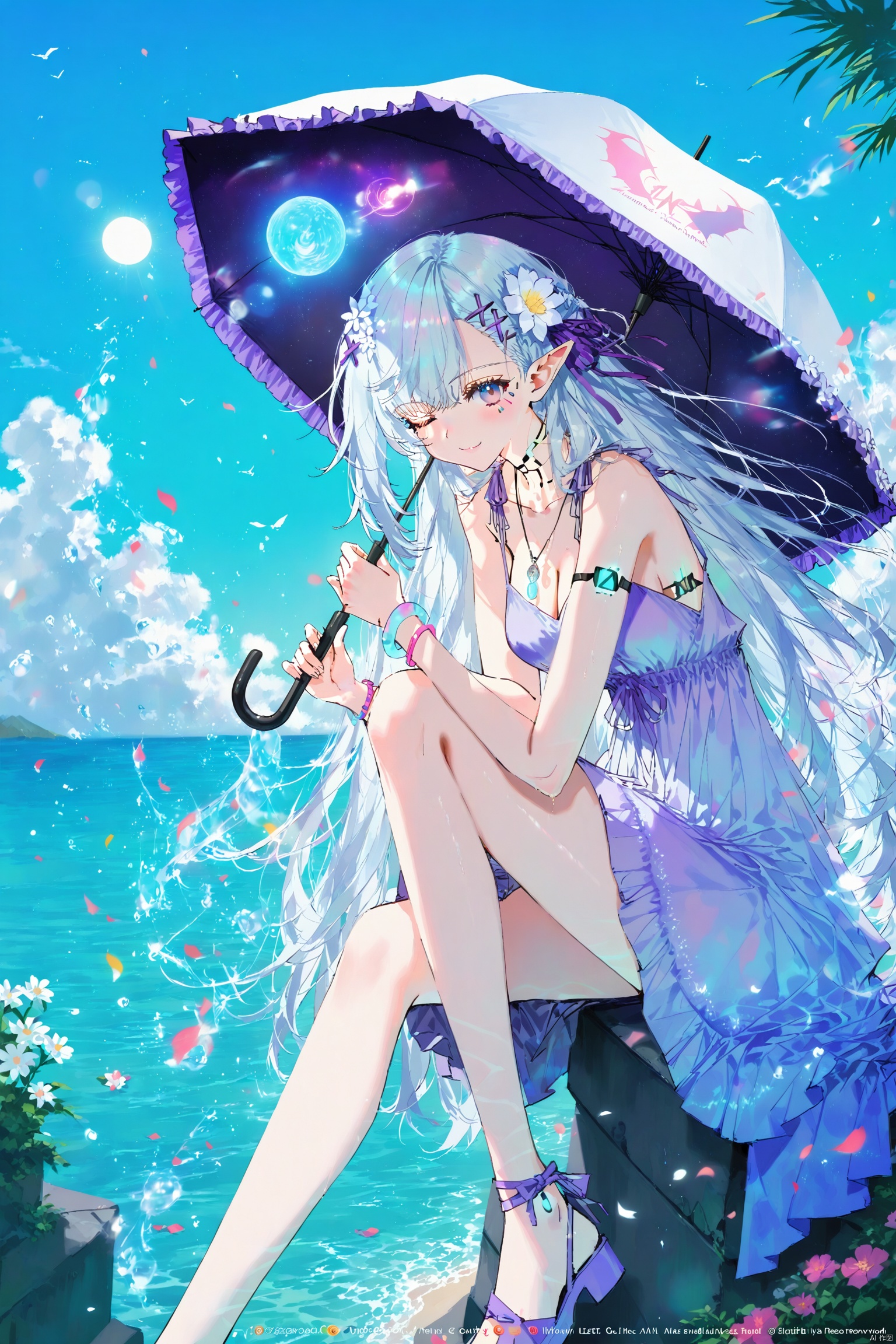 ,1girl, long hair,  银边,solo, dress, umbrella, pointy ears, jewelry, flower, purple eyes, breasts, white flower, smile, hair ornament, looking at viewer, necklace, braid, sitting, hair flower, x hair ornament, purple dress, holding, cleavage, ribbon, blush, hair ribbon, crown braid, medium breasts, outdoors, holding umbrella, bracelet, purple ribbon, sky, very long hair, ;\), sleeveless dress, ocean, grey hair, bare shoulders, sleeveless, white hair, water, closed mouth, alternate costume, day,, elf, parasol,(artist:quasarcake:0.8),extreme aesthetic,(wlop:0.6),(visual impact: 1.2),give poster movies dynamic and visual impact appearance,impact pictures,official art,bright colors,film perspective,masterpiece,best quality,backlight,depth of field,film lighting,light particles,lens flares,extreme aesthetics,tension lens,ultra-high resolution,sharp focus,best quality,masterpiece,emotional,unconventional highest masterpiece,superb detail Temperature atmosphere,with high-end texture,with fashion photography style,Colorful and complex background,jixuanfenghua,qxsy, 1girl,A cyberpunk girl