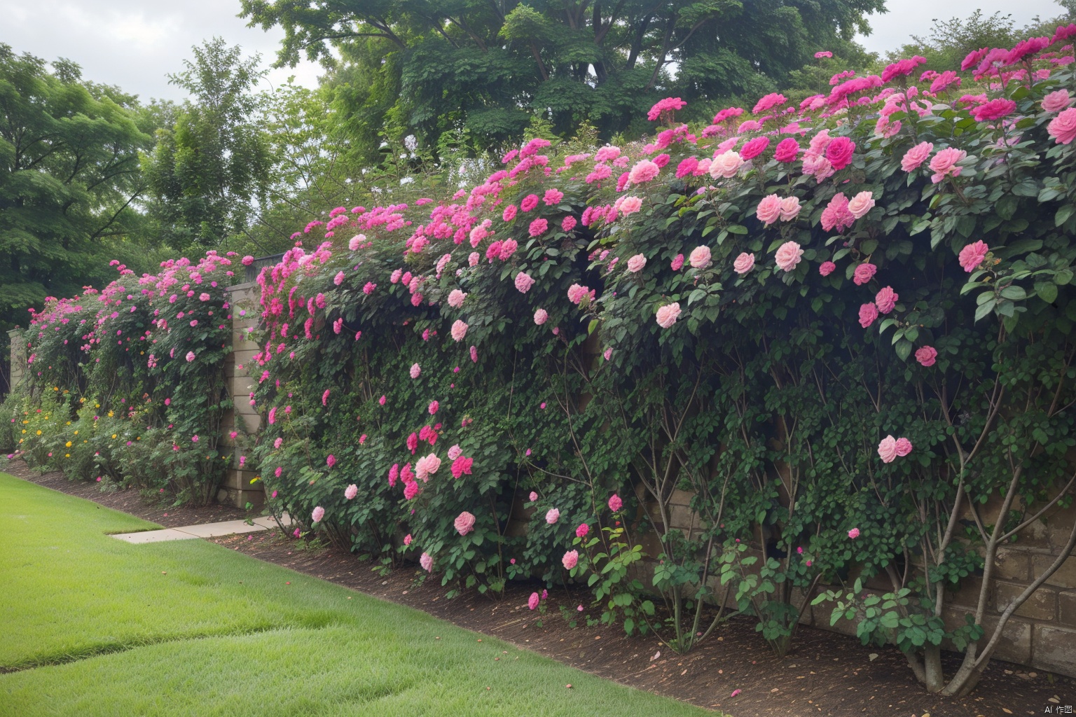 landscapejam, yueji, pink fence, outdoors, day, no_humans, window, bush