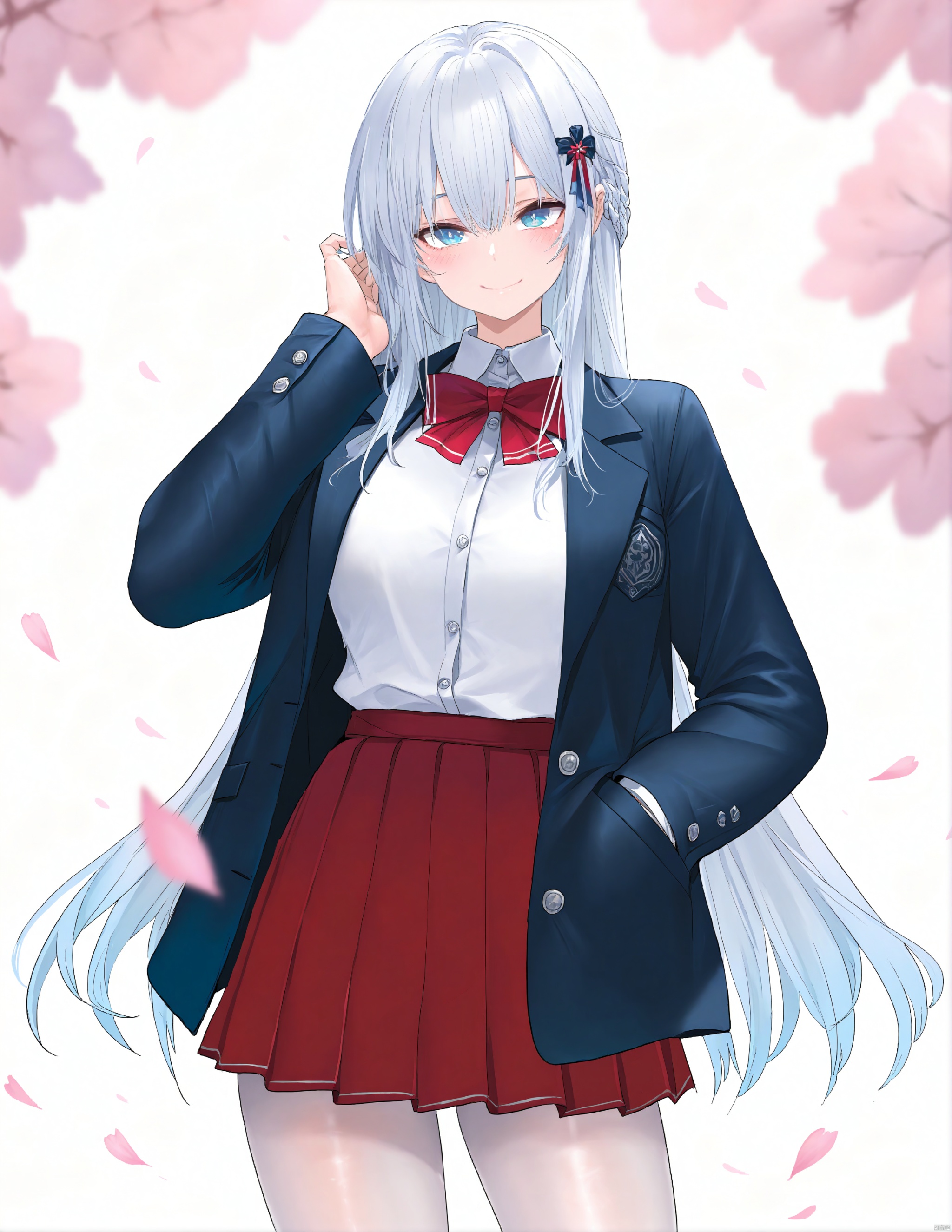 1girl, solo, long hair, breasts, looking at viewer, blush, smile, bangs, blue eyes, skirt, shirt, hair ornament, long sleeves, bow, hair between eyes, medium breasts, very long hair, closed mouth, school uniform, standing, jacket, white shirt, white hair, pantyhose, pleated skirt, open clothes, collared shirt, hand up, bowtie, red bow, open jacket, black jacket, petals, dress shirt, red skirt, blazer, red bowtie, white pantyhose, hand in pocket, smile, 

official art,depth of field,best quality,amazing quality,very aesthetic,absurdres,best quality,masterpiece,ultra detailed, newest,8K,HDR,masterpiece,best quality,newest,absurdres,highres,very awa,