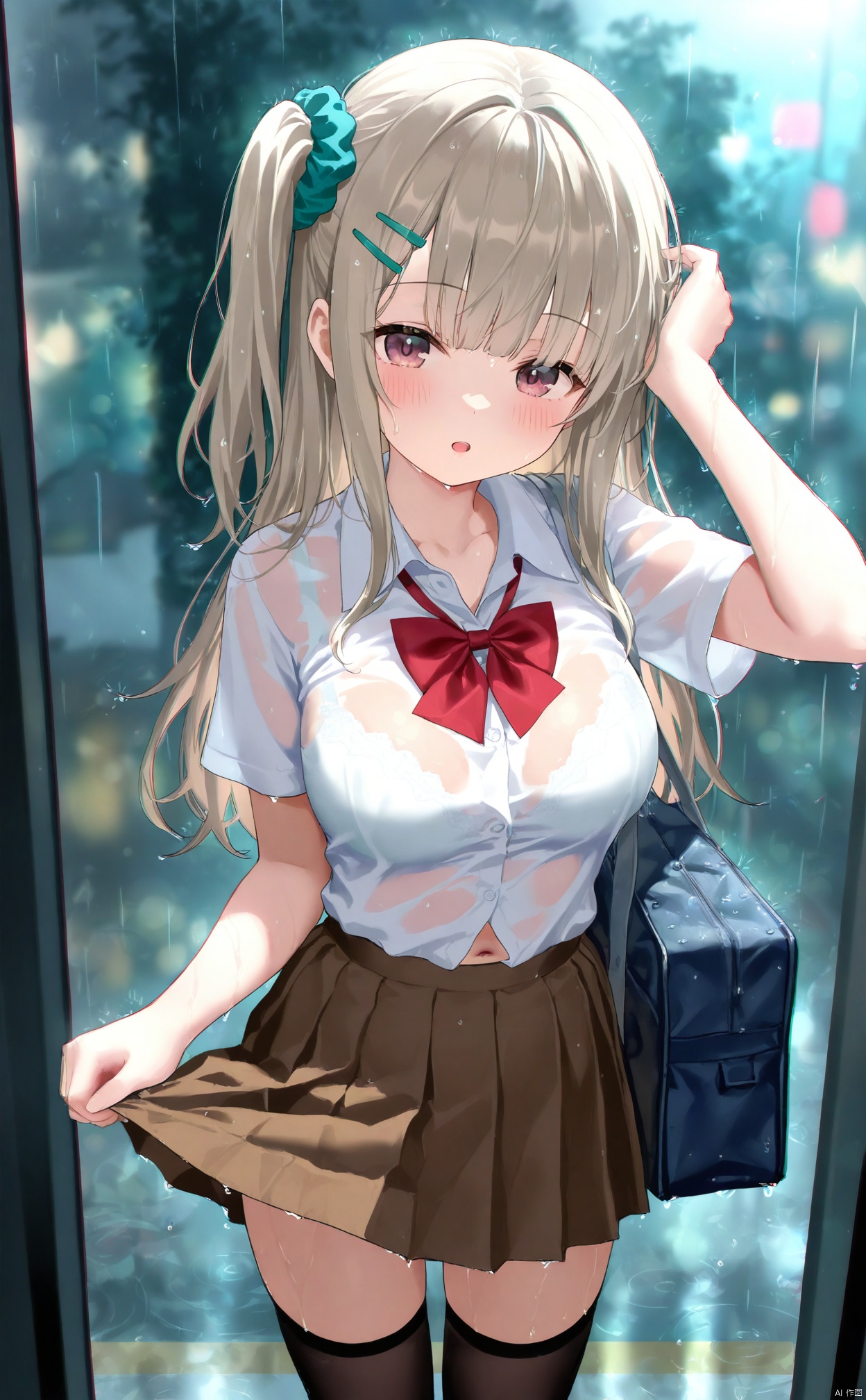 masterpiece,best quality,high quality,loli,chromatic_aberration,Light Blue Theme,
//,
loli,1girl, wet clothes, wet, solo, hair ornament, skirt, underwear, thighhighs, rain, bra, brown hair, see-through, school bag, wet shirt, bag, navel, school uniform, looking at viewer, shirt, breasts, scrunchie, one side up, brown skirt, bow, hairclip, long hair, white bra, bowtie, bra visible through clothes, pleated skirt, black thighhighs, red bow, hair scrunchie, white shirt, open mouth, blush, standing, purple eyes, red bowtie, cowboy shot, collarbone, green scrunchie, short sleeves, wet hair, arm up, doorway, outdoors, zettai ryouiki, large breasts, skirt hold, collared shirt, brown eyes, medium breasts, sidelocks, duffel bag, dress shirt, miniskirt
year_2023,year_2024,
//,
official art,depth of field,detailed light,blurry background,cinematic lighting,ray tracing,
amazing quality,very aesthetic,absurdres,beast quality,ultra detailed,silver hair,blunt bangs,