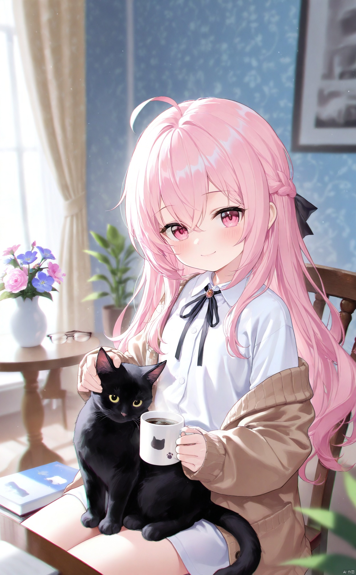 masterpiece,best quality,high quality,loli,chromatic_aberration,Light Blue Theme,
//,
1girl,shirt,cup,white shirt,collared shirt,flower,cat,indoors,window,pink hair,holding,looking at viewer,animal on lap,smile,braid,sitting,pink eyes,on lap,hair between eyes,ahoge,holding cup,solo,long hair,long sleeves,black cat,open clothes,closed mouth,crossed bangs,glasses,chair,neck ribbon,blue flower,brown jacket,off shoulder,curtains,jacket,plant,mug,blush,potted plant,ribbon,on chair,sunlight,open jacket,blurry,black ribbon,sidelocks,unworn eyewear,cardigan,brown cardigan,book,vase,pink flower,coffee mug,purple flower,breasts,table,petting,
//,
year_2023,year_2024,
//,
official art,depth of field,detailed light,blurry background,cinematic lighting,ray tracing,
amazing quality,very aesthetic,absurdres,beast quality,ultra detailed,